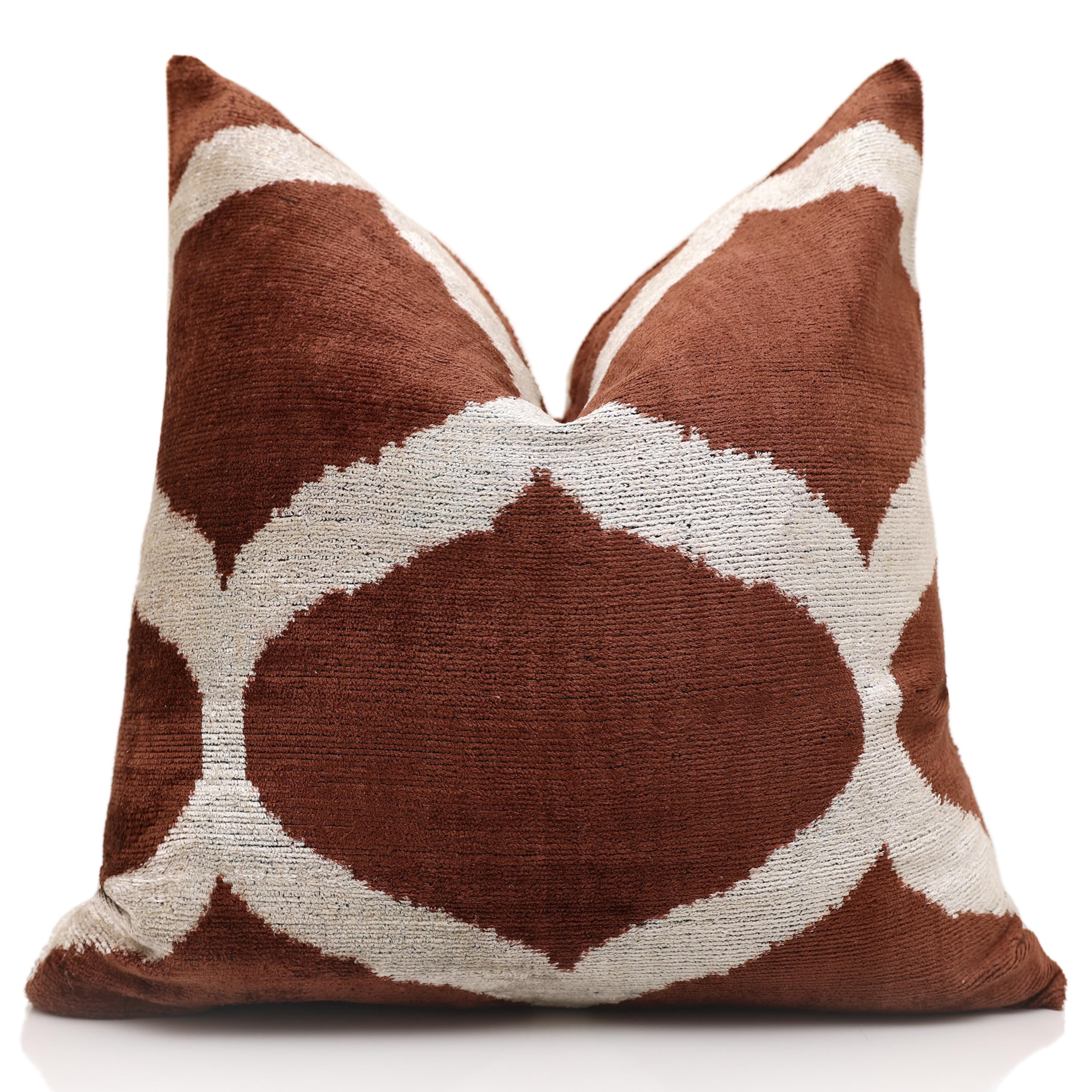 Handmade Brown Silk Velvet Pillow 20x20 – Geometric Modern Designer Cushion