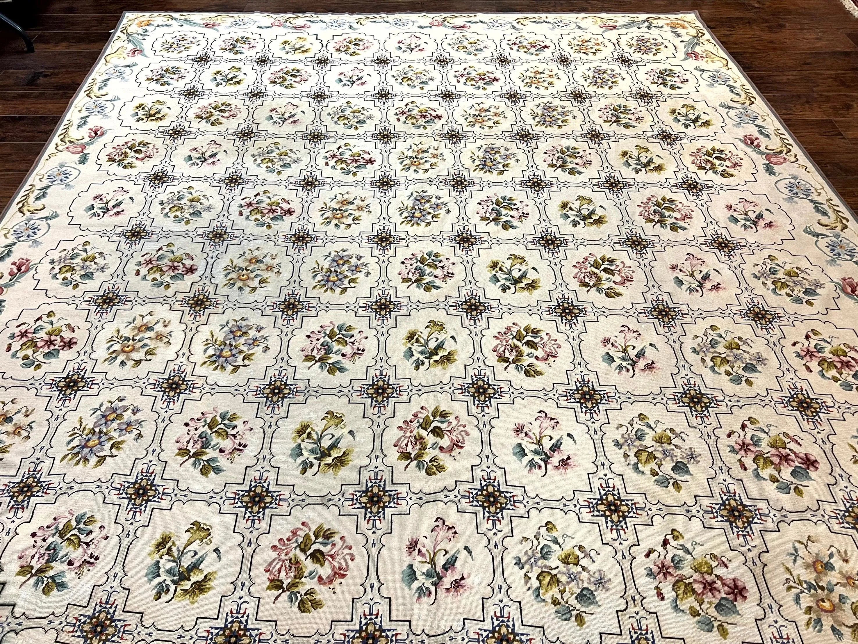 Needlepoint Rug 10x14, Wool Handmade Vintage Needlepoint Carpet, Floral Panel Design, Ivory/Cream