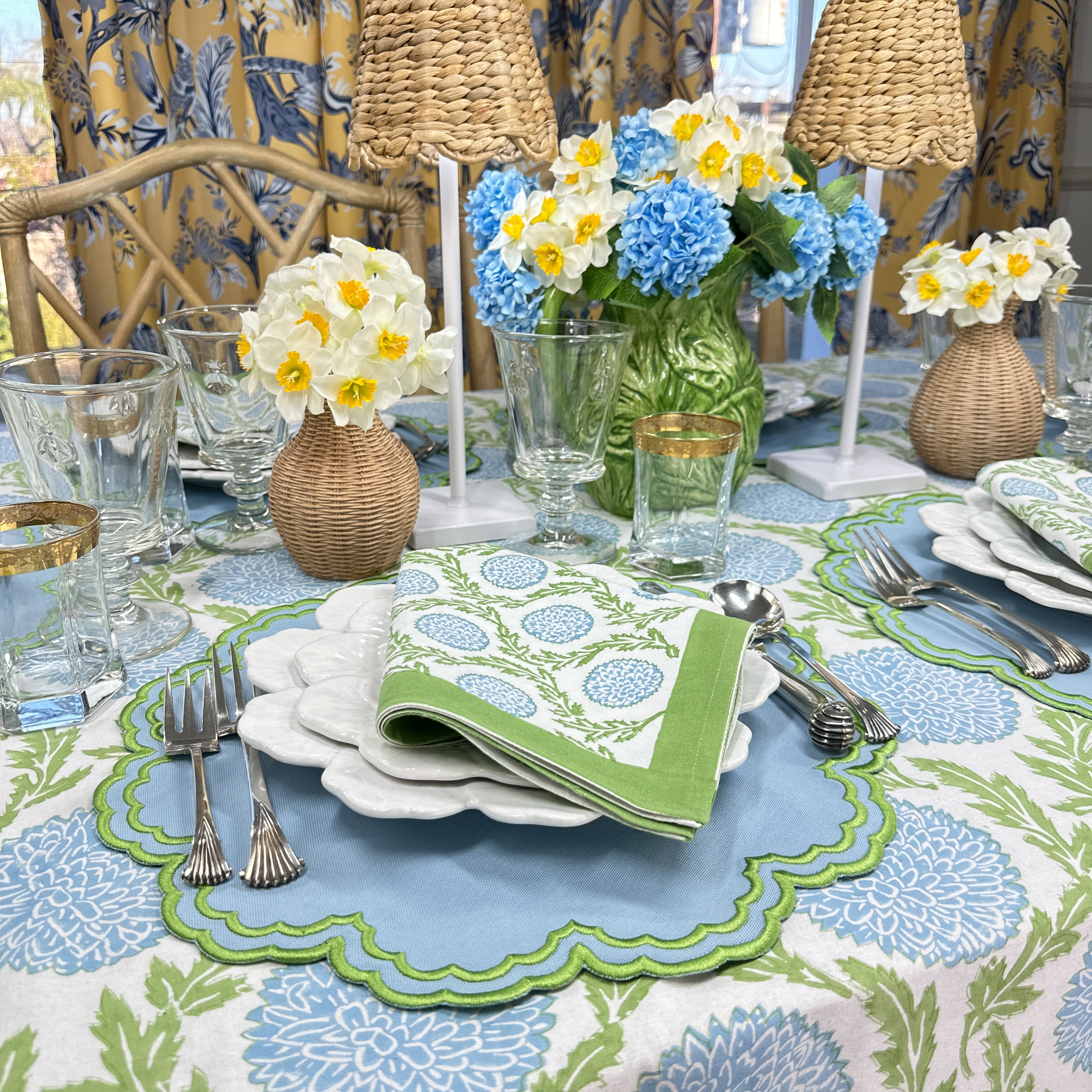 Blue and Green, Flowers & Vines - Tablecloth - The Mayfair Hall