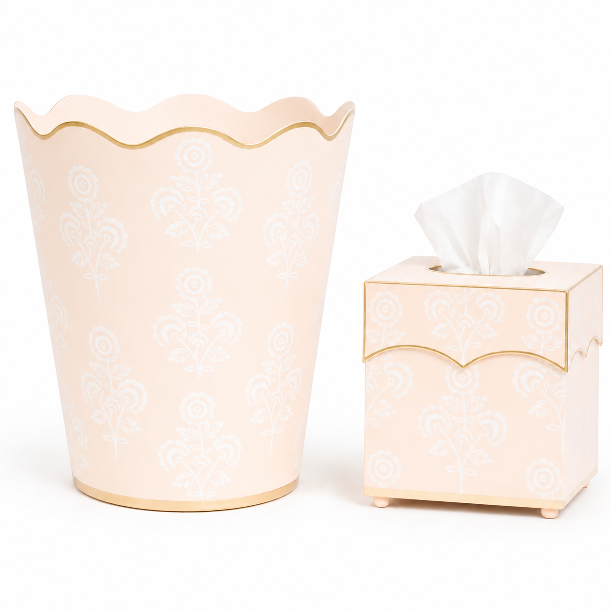 Pale Peach Floral Scalloped Wastepaper Basket & Tissue (2 Options)