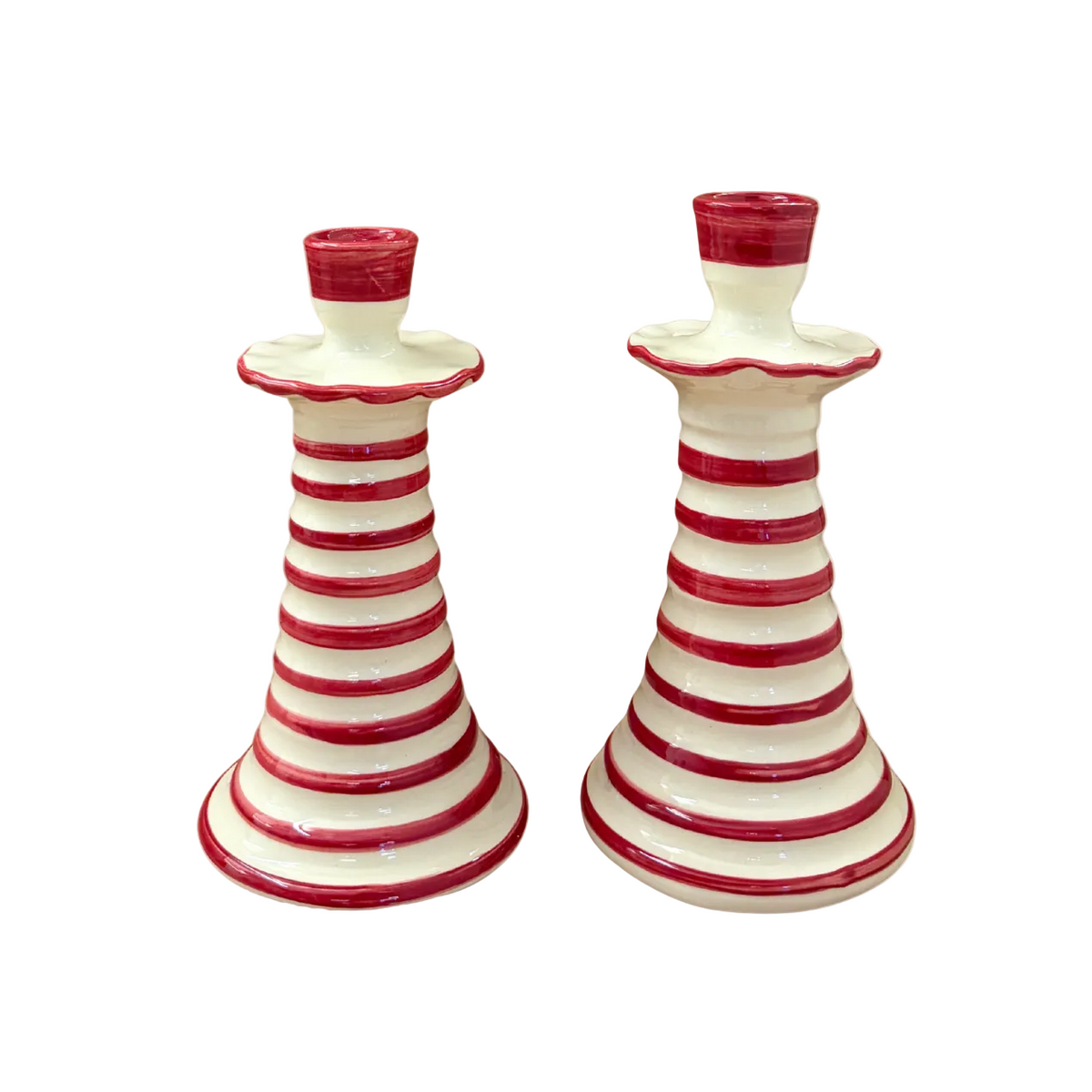 Ruffle Hand-Thrown Ceramic Candleholders in Crimson Stripe by Cumeira — Set of 2