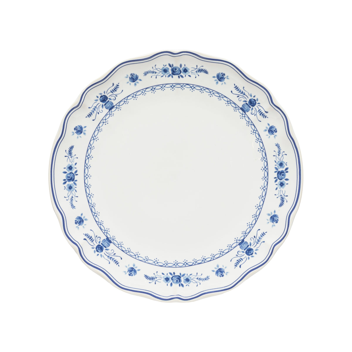 Vila White and Blue Floral Stoneware Dinner Plate — overall form and detail