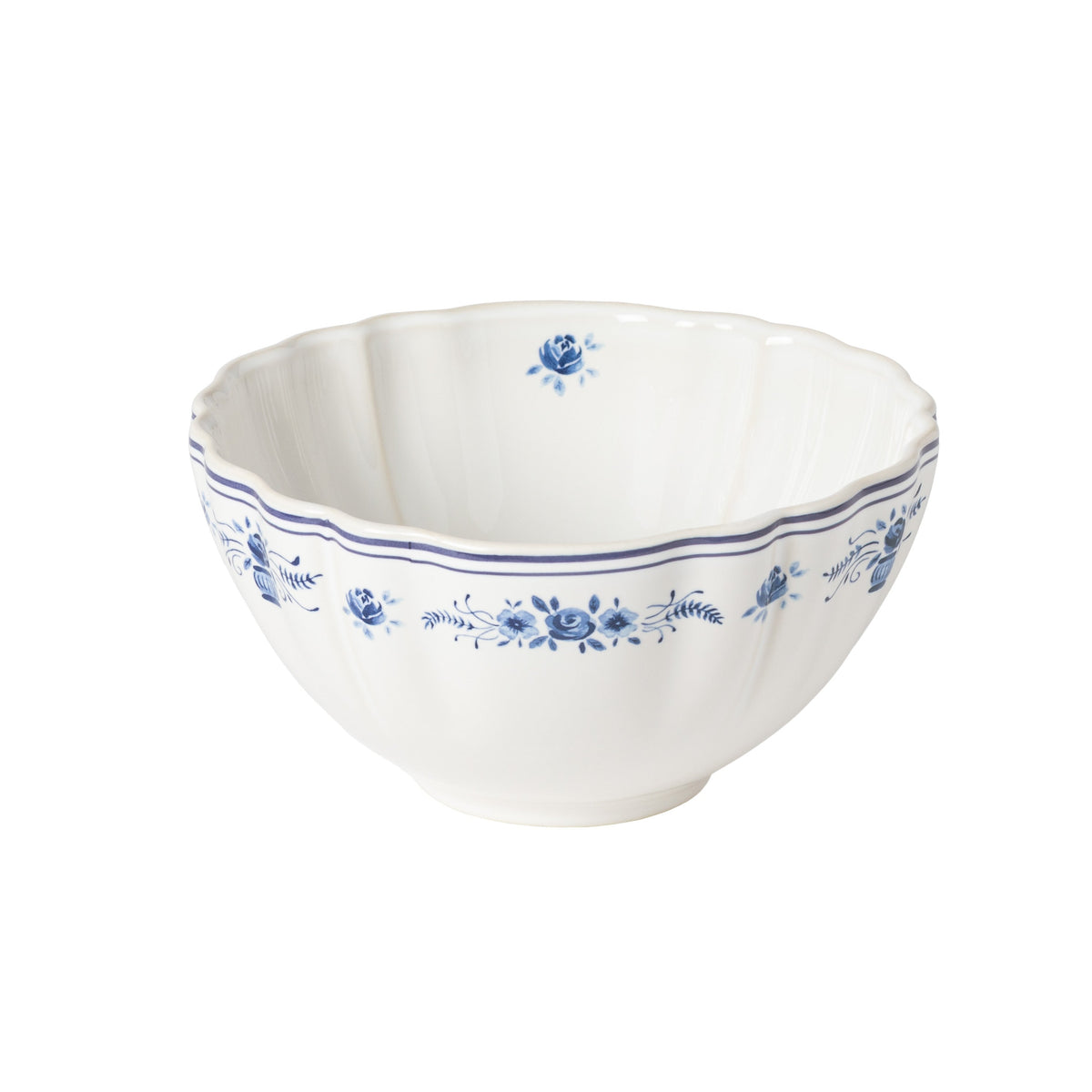 Vila White and Blue Floral Stoneware Soup and Cereal Bowl — overall form and detail