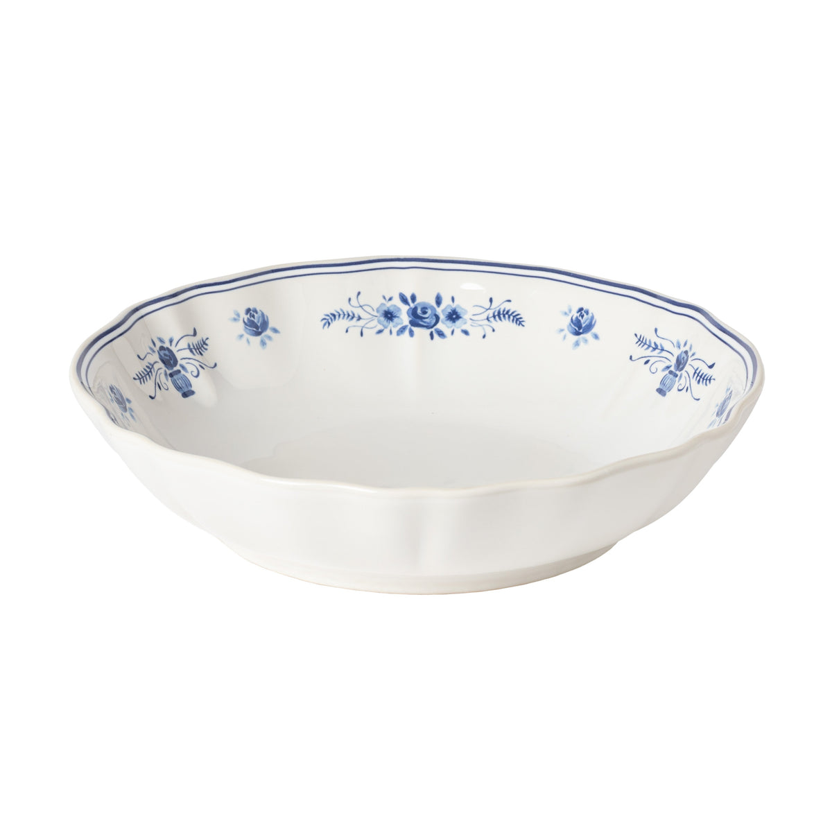 Vila White and Blue Floral Stoneware Soup and Pasta Bowl — overall form and detail