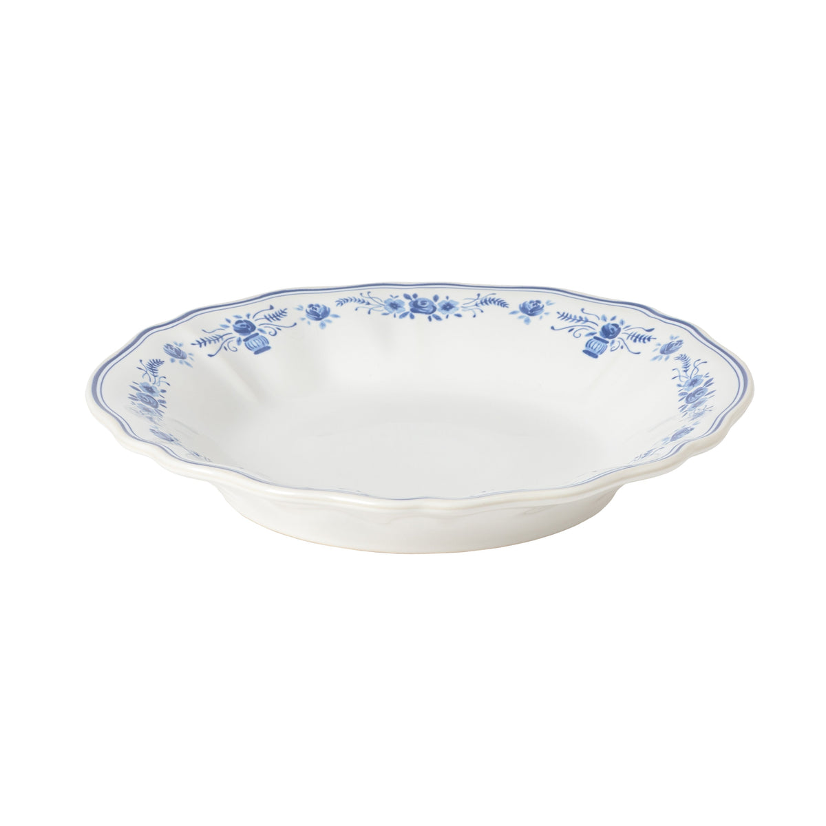 Vila White and Blue Floral Stoneware Soup and Pasta Plate — overall form and detail