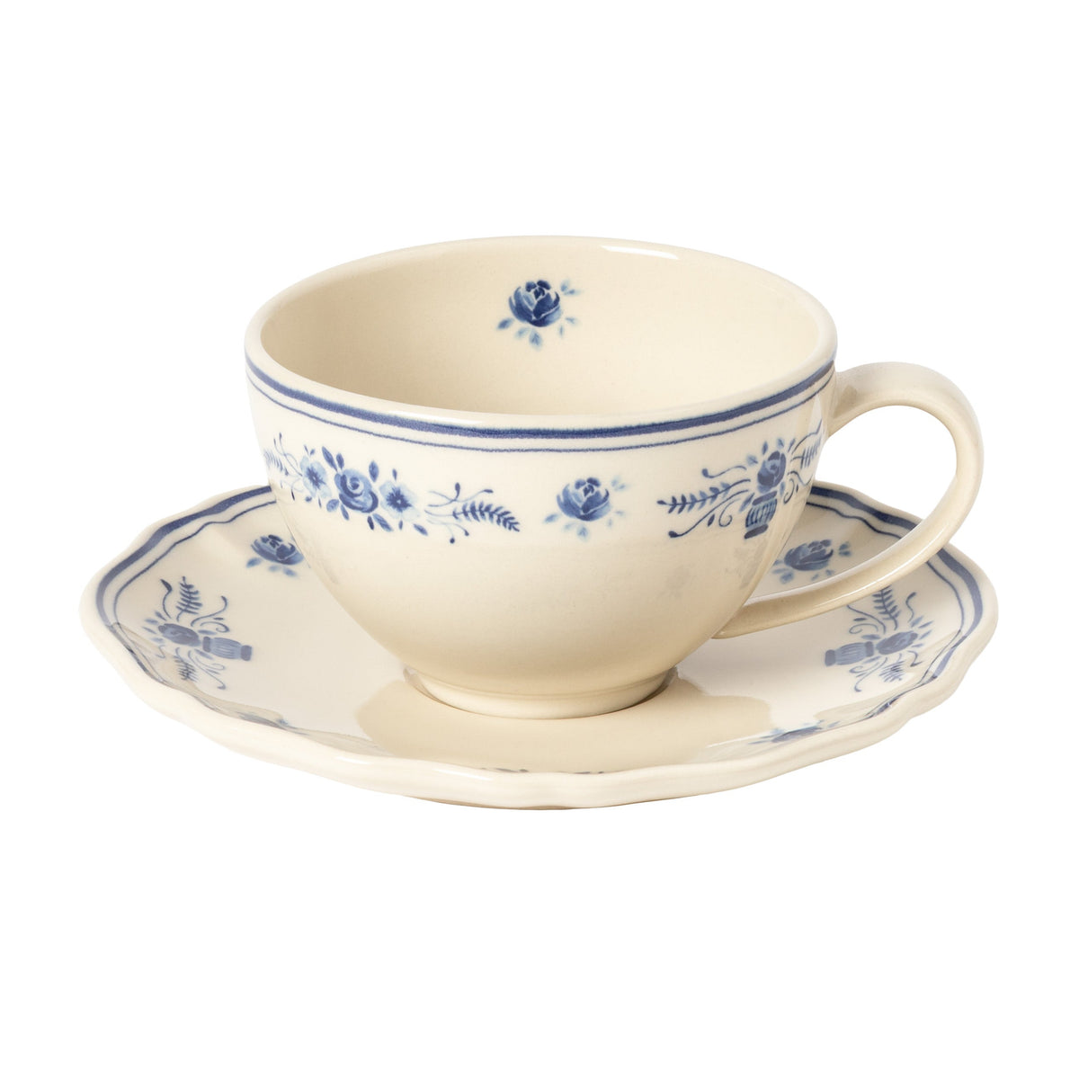 Vila Beige and Blue Floral Stoneware Tea Cup and Saucer — overall form and detail