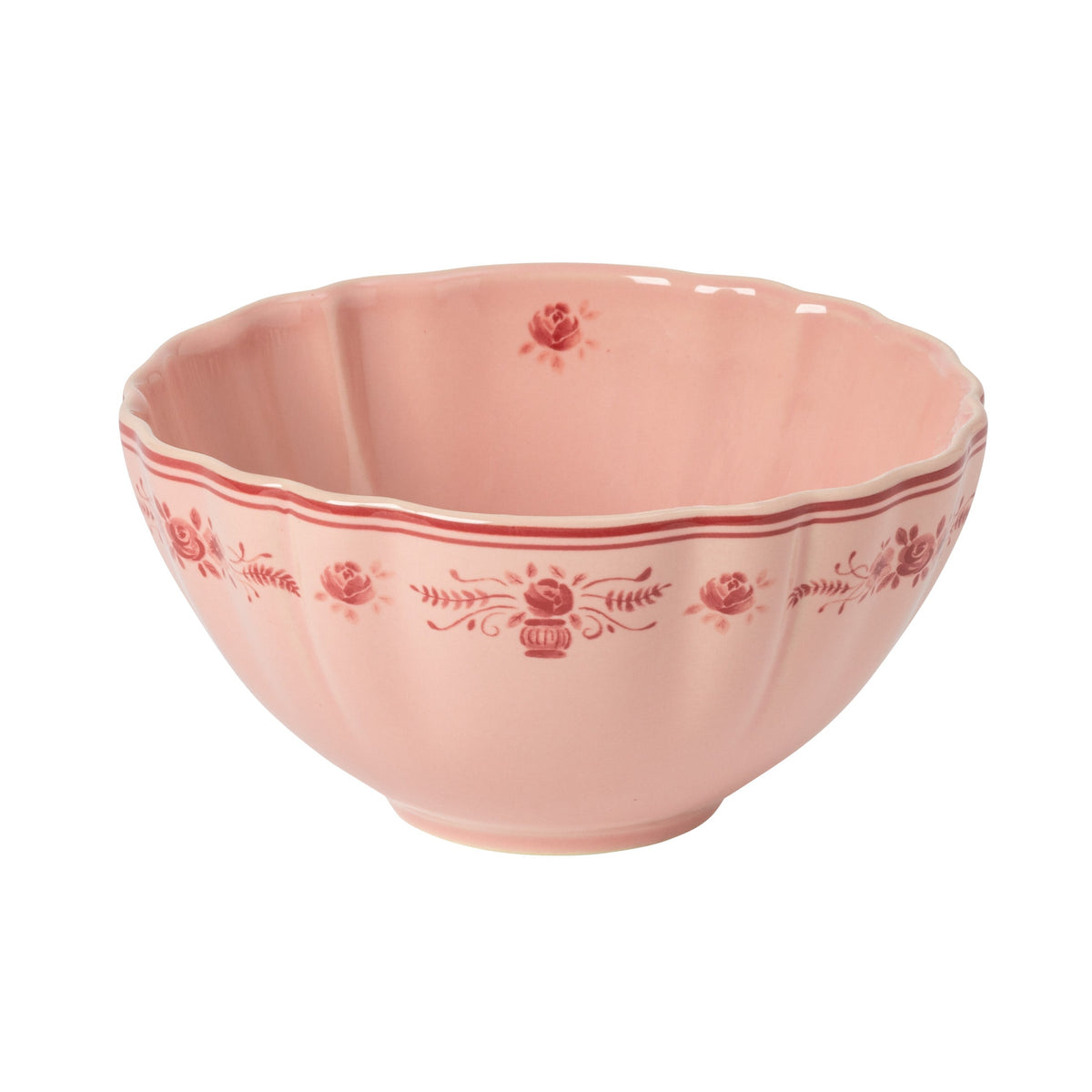 Vila Pink and Red Floral Stoneware Soup and Cereal Bowl — overall form and detail
