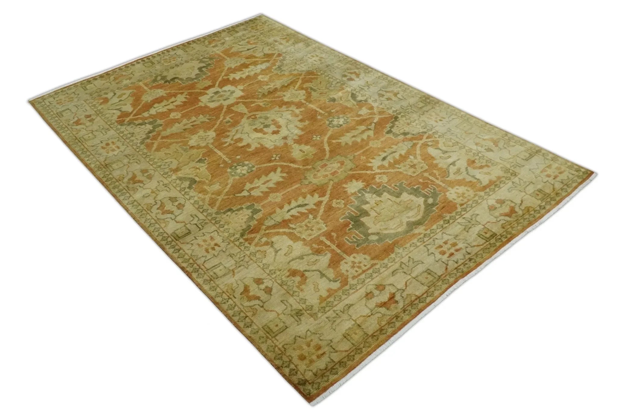 5.8x8.4 Hand Knotted Rust and Beige Traditional Oushak Wool Area Rug - The Mayfair Hall
