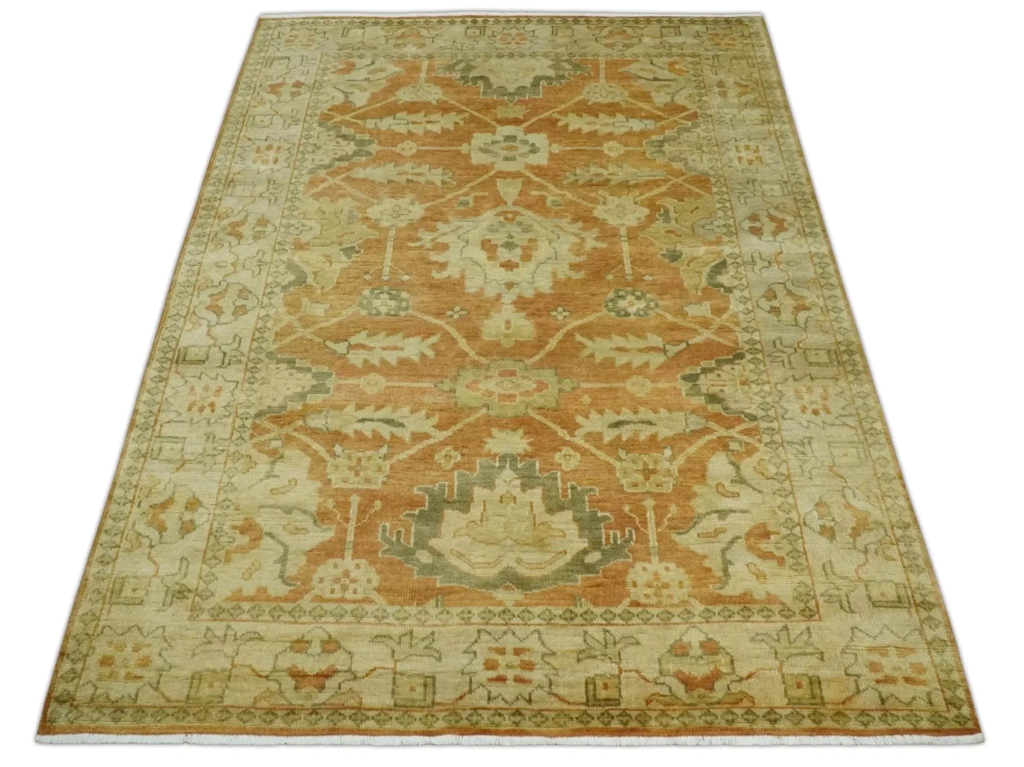 5.8x8.4 Hand Knotted Rust and Beige Traditional Oushak Wool Area Rug - The Mayfair Hall