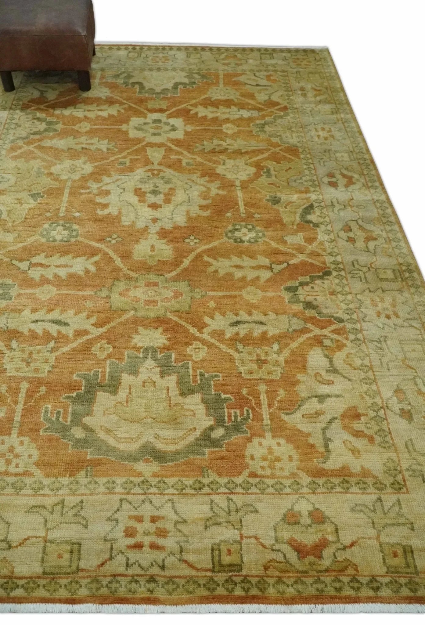 5.8x8.4 Hand Knotted Rust and Beige Traditional Oushak Wool Area Rug - The Mayfair Hall