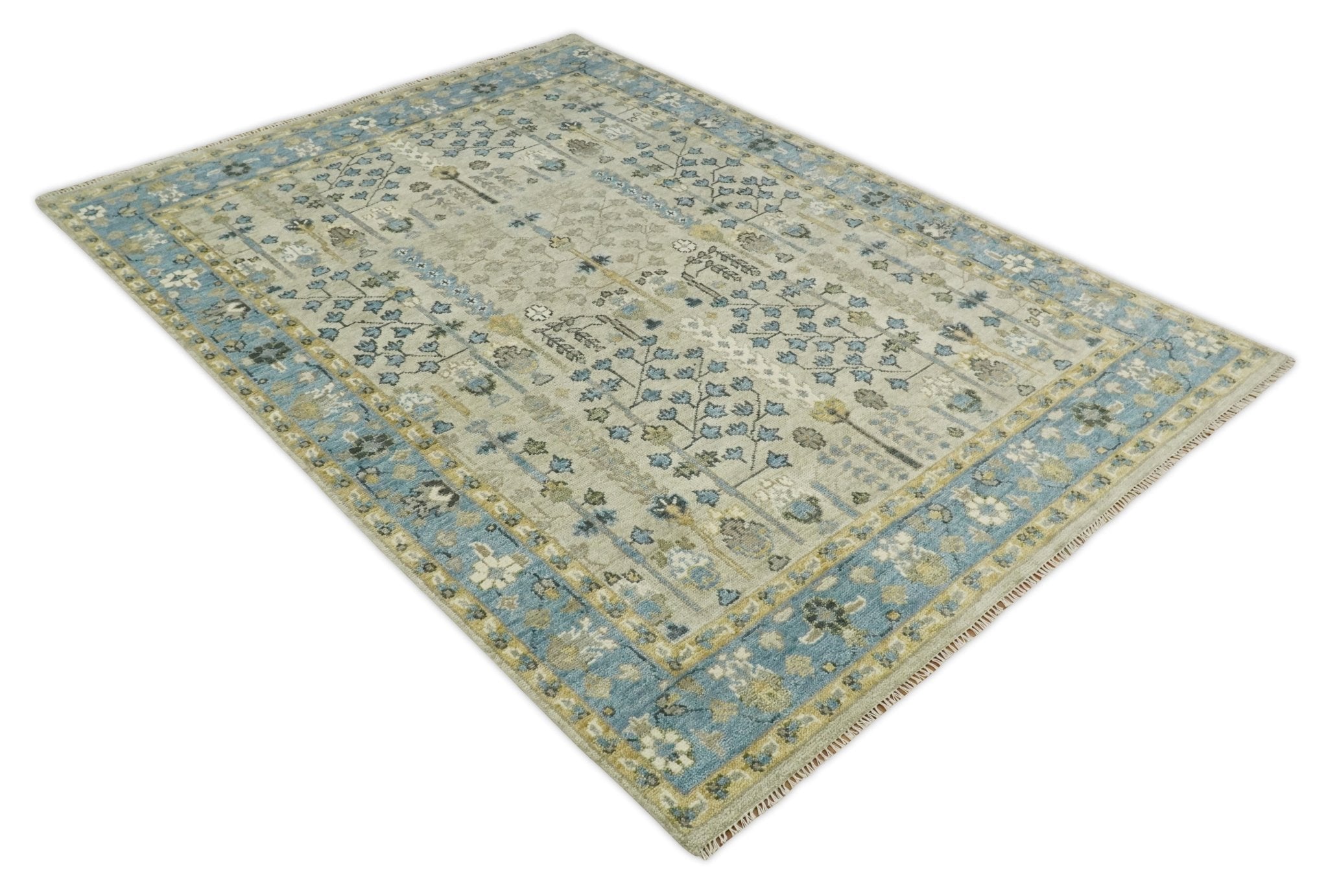 5x8, 6x9, 8x10, 9x12, 10x14 and 12x15 Hand Knotted Beige and Blue Traditional Persian Vintage Heriz Serapi Wool Rug | TRDCP685 - The Rug Decor