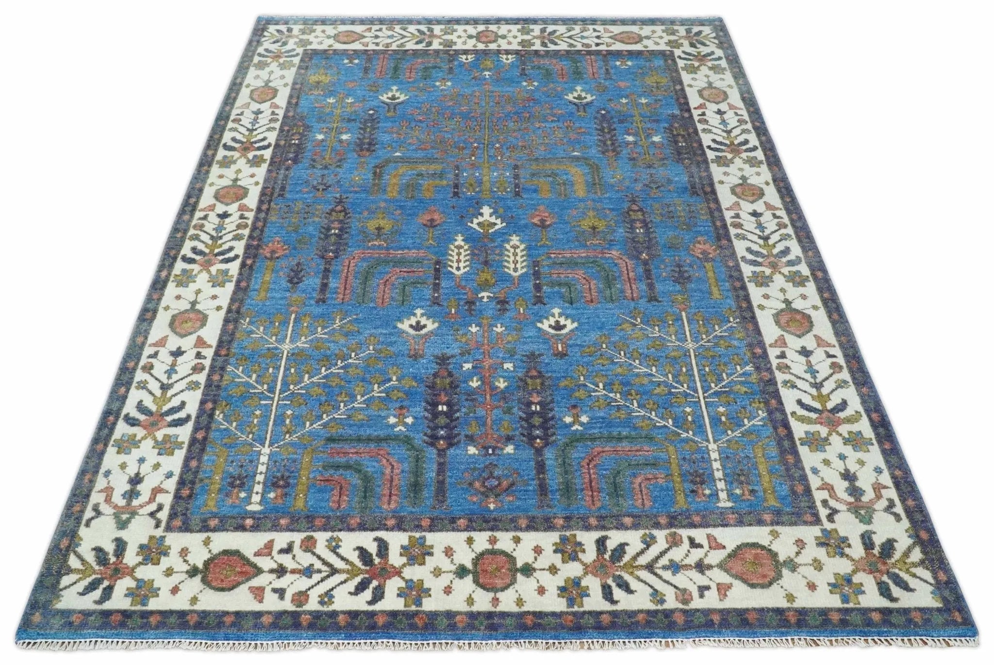 Tree of life Traditional Hand Knotted Blue and Ivory Multi Size Wool area Rug