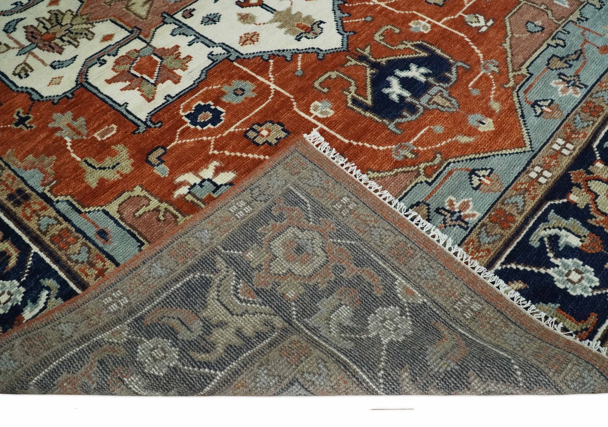 5x8, 6x9, 8x10, 9x12, 10x14 and 12x15 Hand Knotted Ivory, Blue and Rust Modern Traditional Persian Heriz Serapi Wool Rug | TRDCP923912 - The Rug Decor