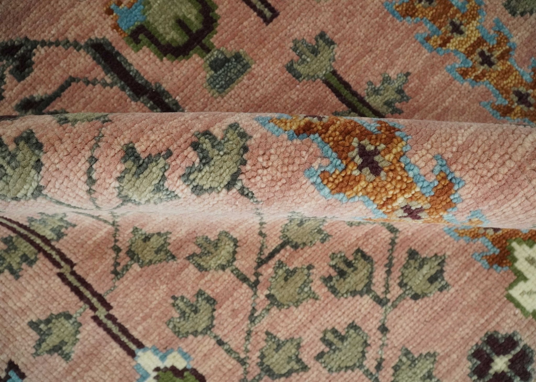 Pink, Olive and Beige Traditional Vintage Heriz Serapi Wool Rug