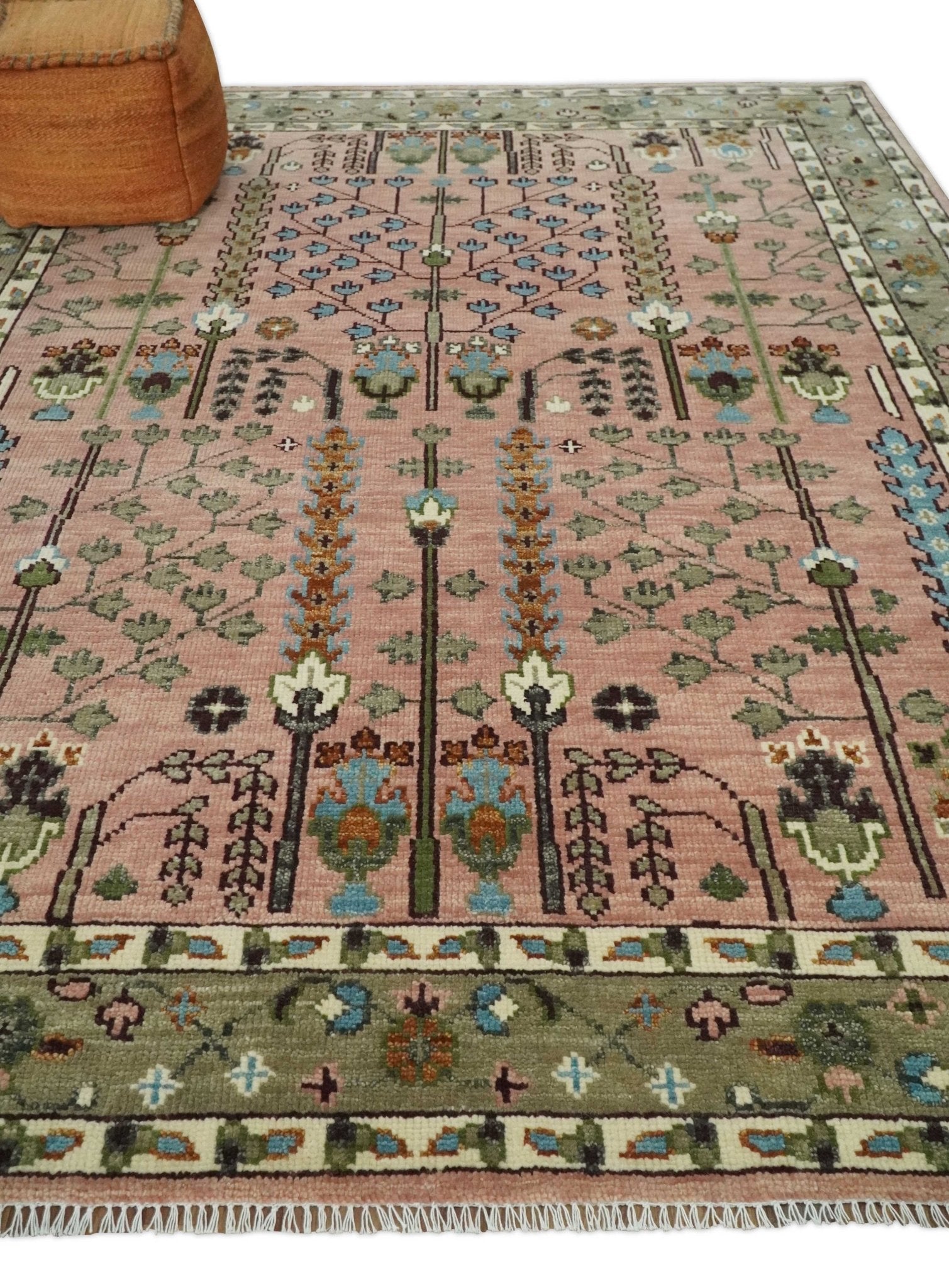 Pink, Olive and Beige Traditional Vintage Heriz Serapi Wool Rug