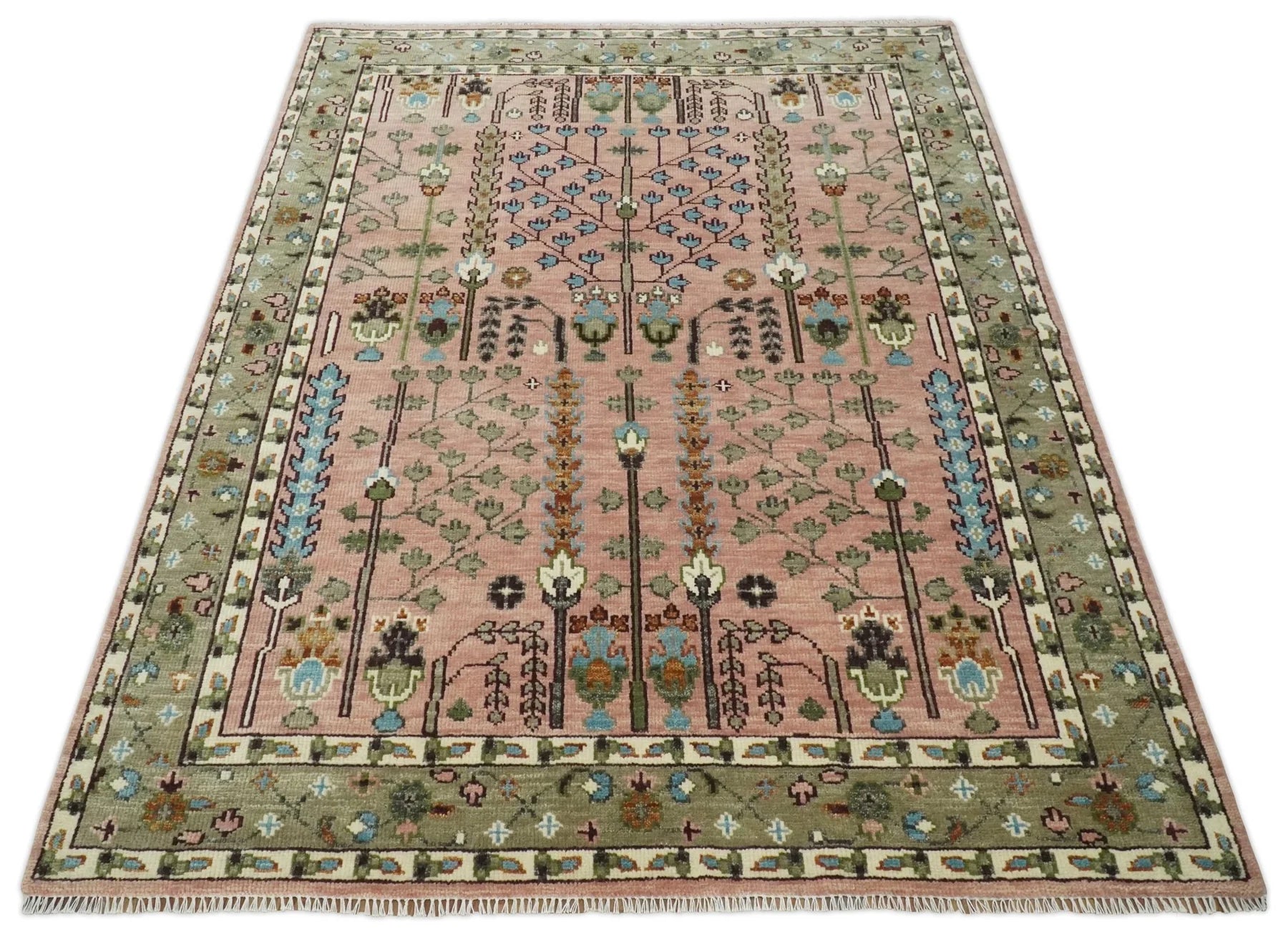 Pink, Olive, and Beige Traditional Vintage Heriz Serapi Wool Rug