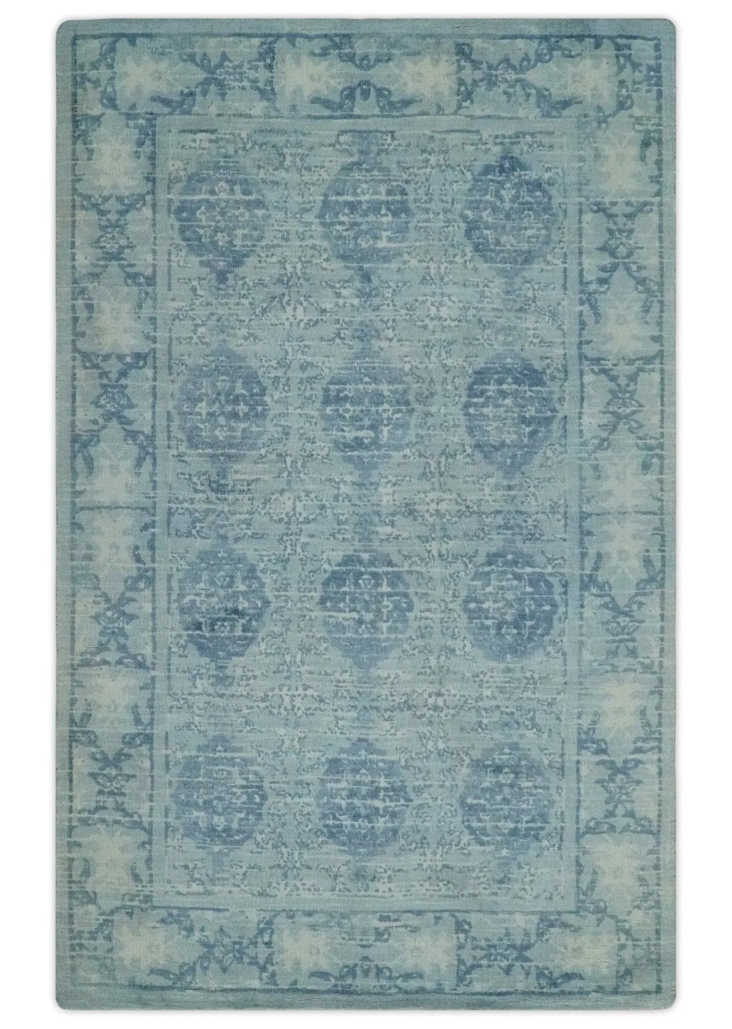 5x8 Ivory and Blue Traditional Ikat design Hand Tufted Wool Area Rug - The Mayfair Hall