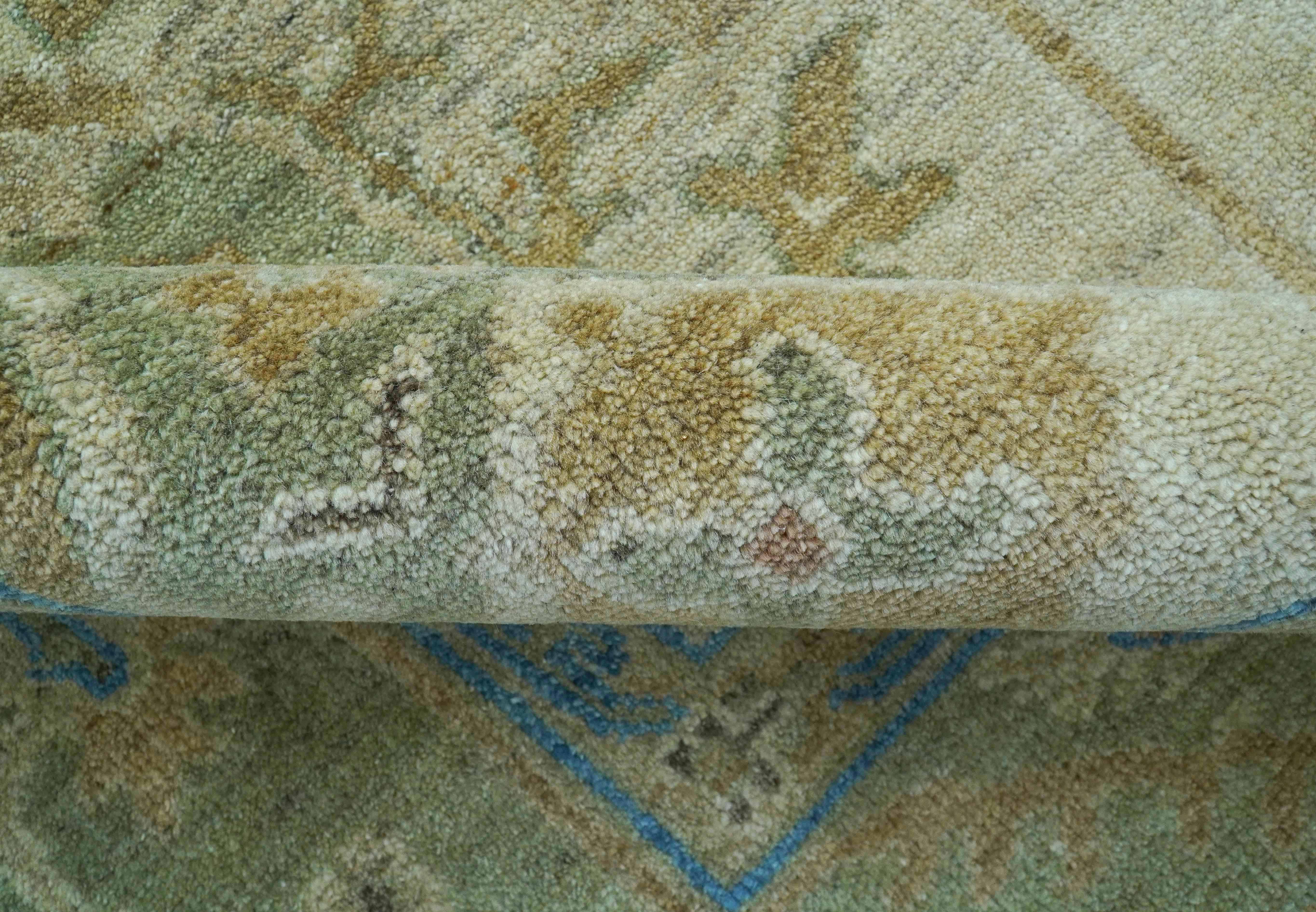 Custom Made Hand Knotted Beige and Blue Traditional Turkish Wool Rug