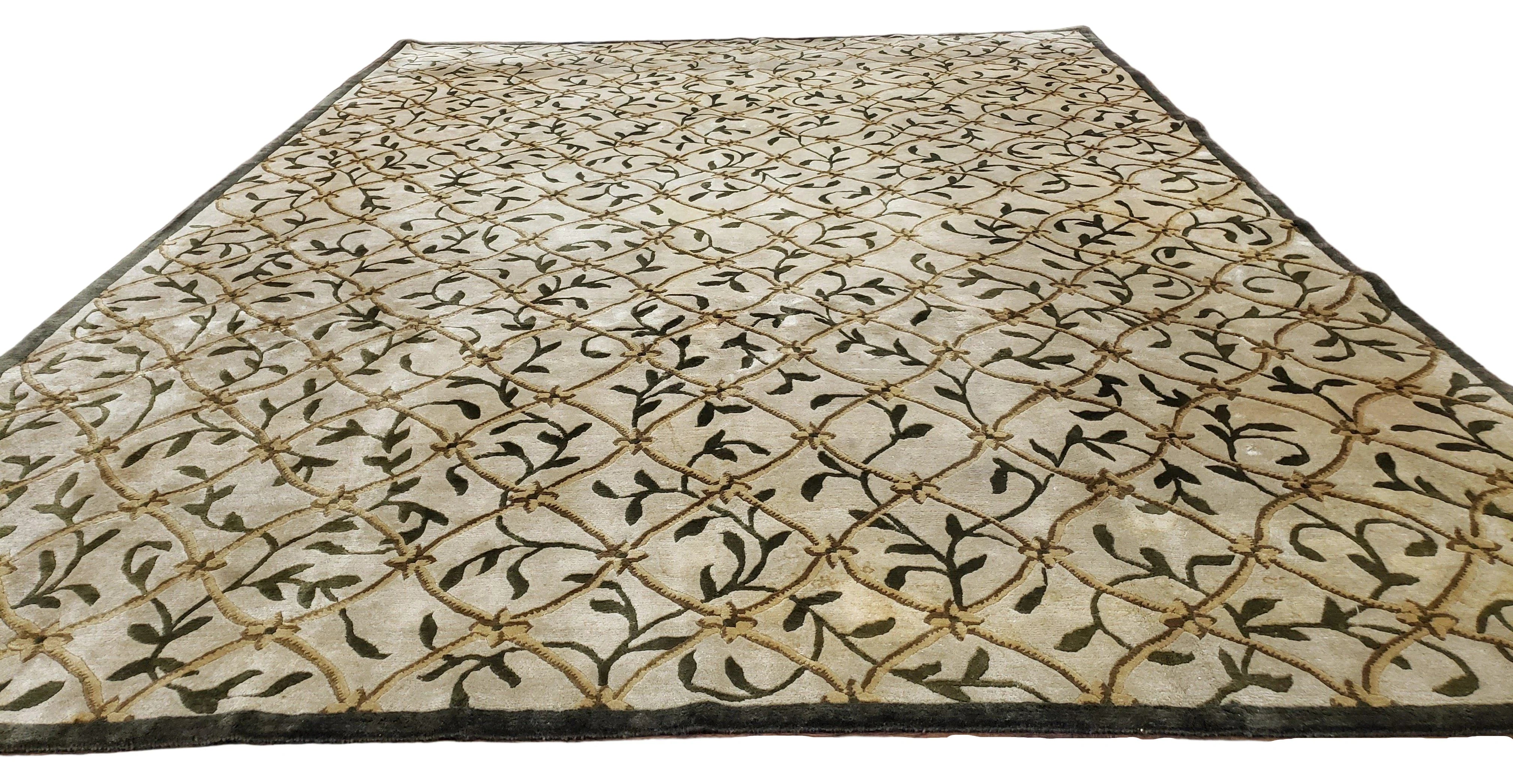 Vintage Tibetan Nepalese Area Rug 9x12, Wool Hand-Knotted, Beige Nepali Soft Pile Carpet, 9 x 12 Living Room Modern Dining Room Rug