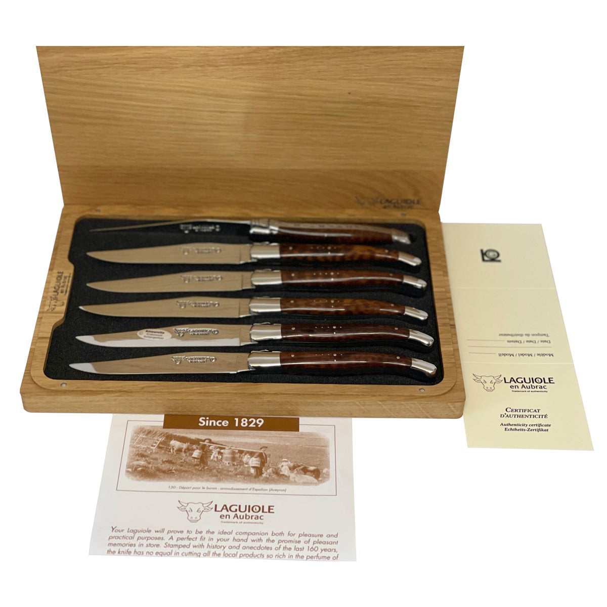 Laguiole en Aubrac Handcrafted 6-Piece Steak Knife Set with Amourette Snakewood Handles