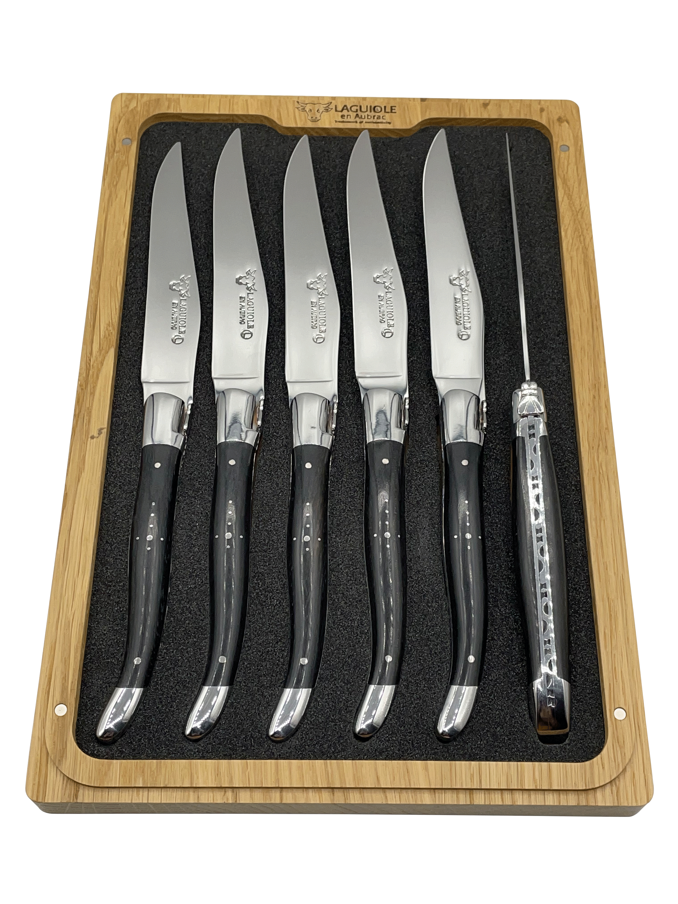 Laguiole en Aubrac Handcrafted 6-Piece Steak Knife Set with Ebony Handles, Polished Bolsters