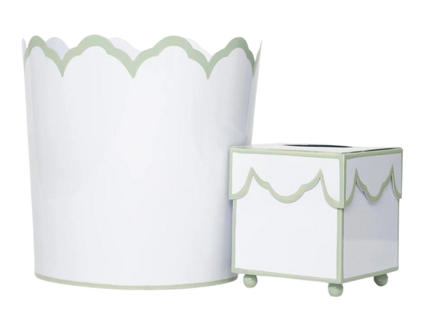 Scalloped Ivory/Soft Green Wastepaper Basket / Tissue Set - The Mayfair Hall