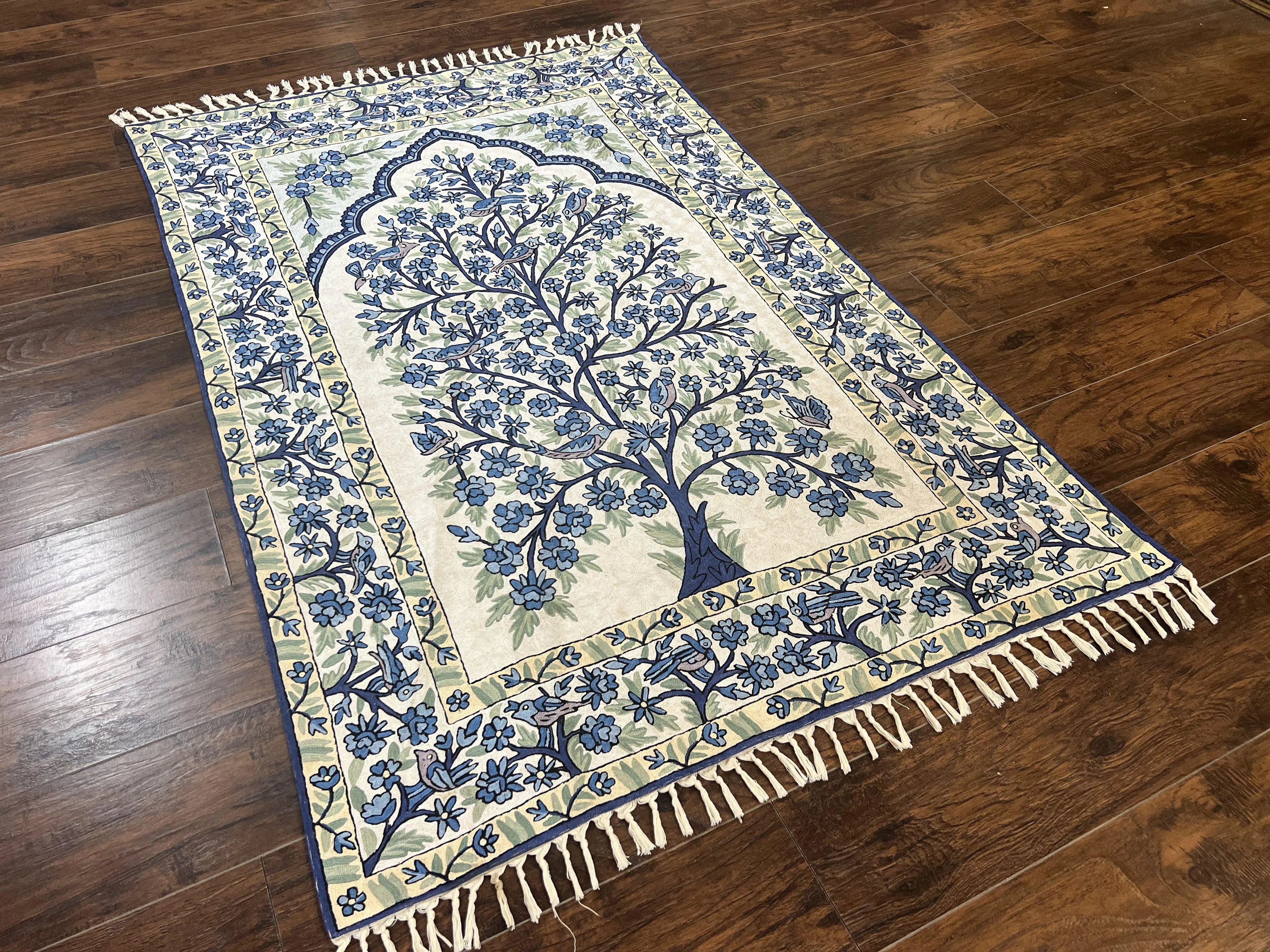 Tree of Life Indian Hand Stitched Rug 4x6, Indian Wall Hanging Rug, Ivory Blue, Silk on Cotton, Vintage