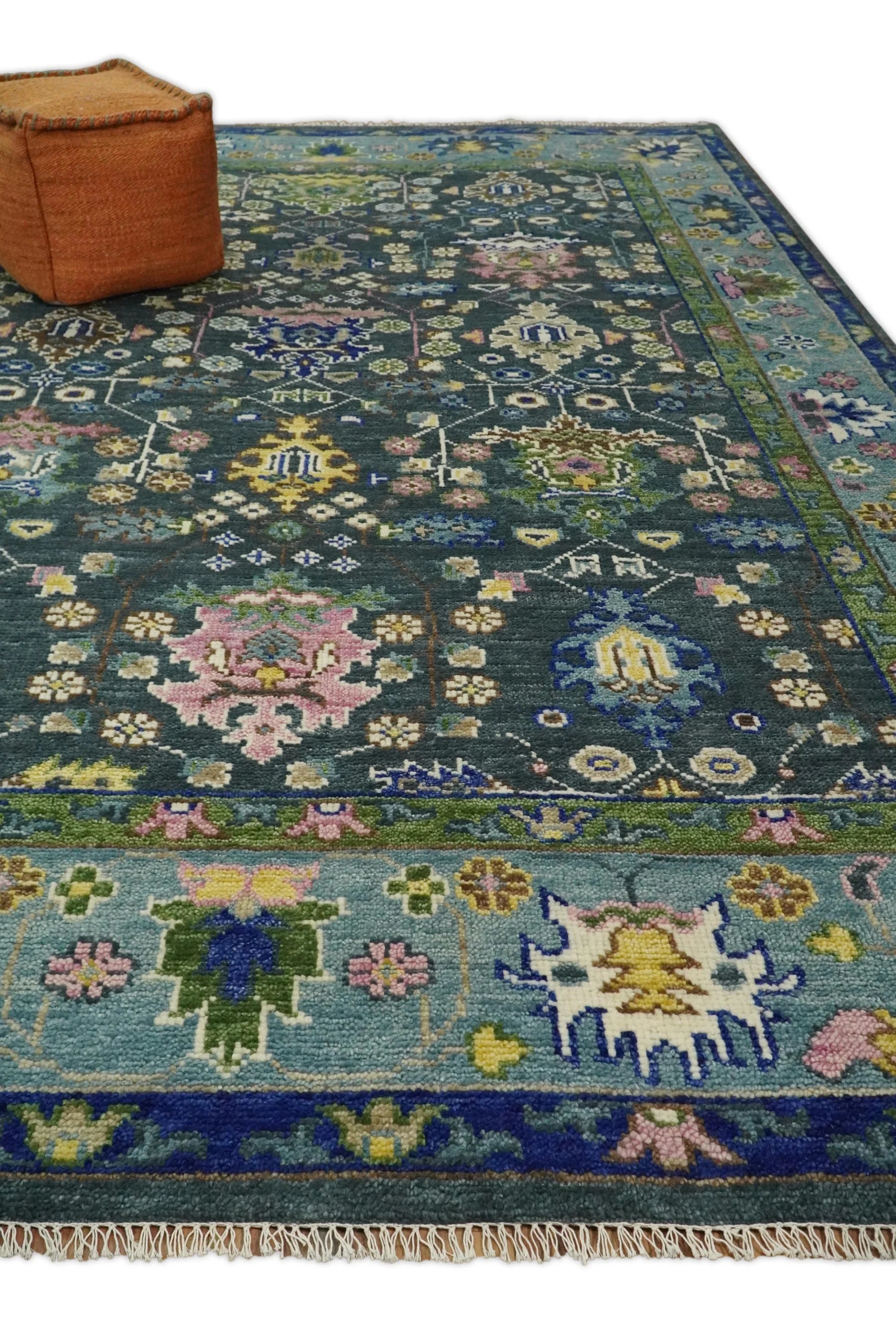 Antique Hand Knotted Green, Moss, and Blue Traditional Turkish Vintage Oushak Custom Made Wool Area Rug