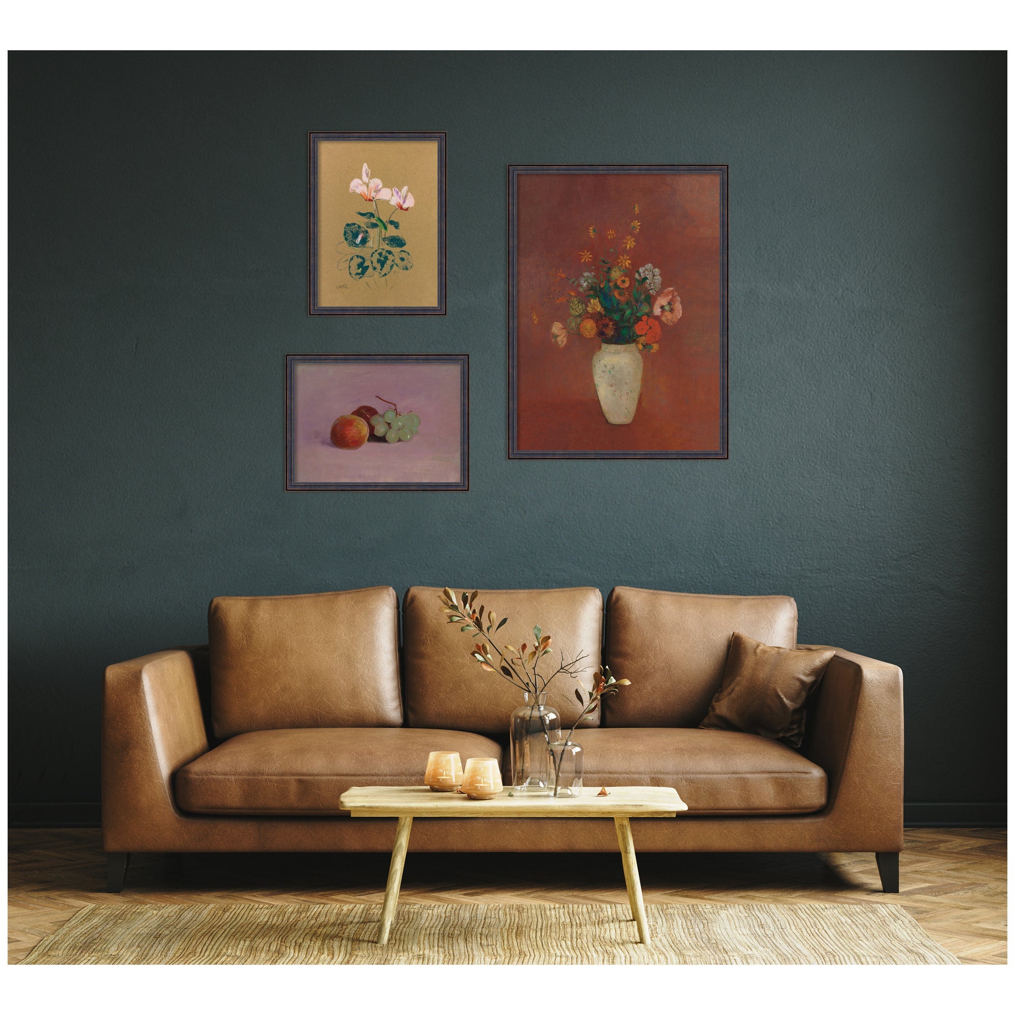 Cyclamen, Still Life with Fruit, & Bouquet in a Chinese Vase Odion Redo 3 Piece Framed Wall Art Print Set by Nostalgia Prints