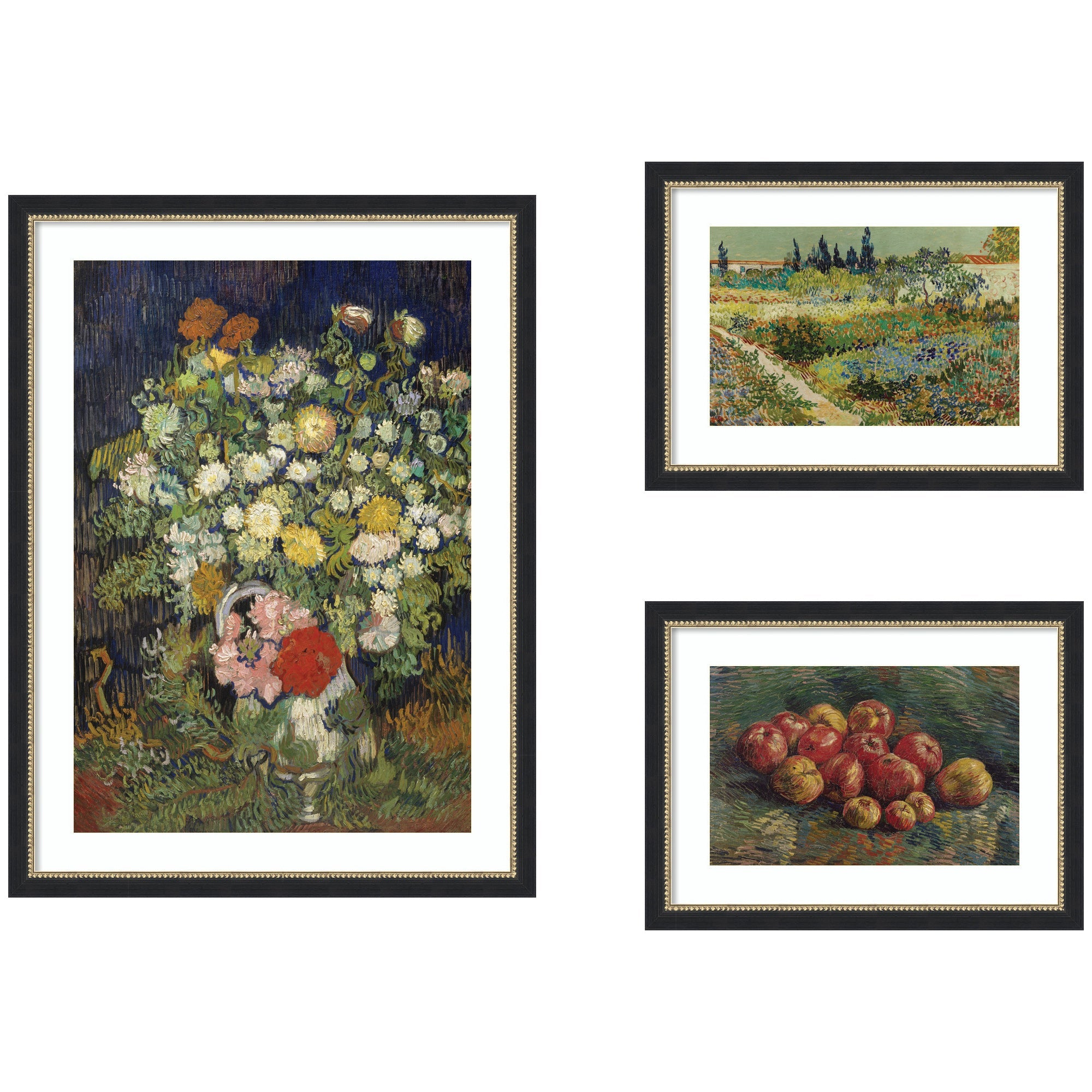Apples 1887, Bouquet of Flowers in a Vase 1890, & Garden at Arles by Vincent Van Gogh 3 Piece Framed Wall Art Print Set by Nostalgia Prints