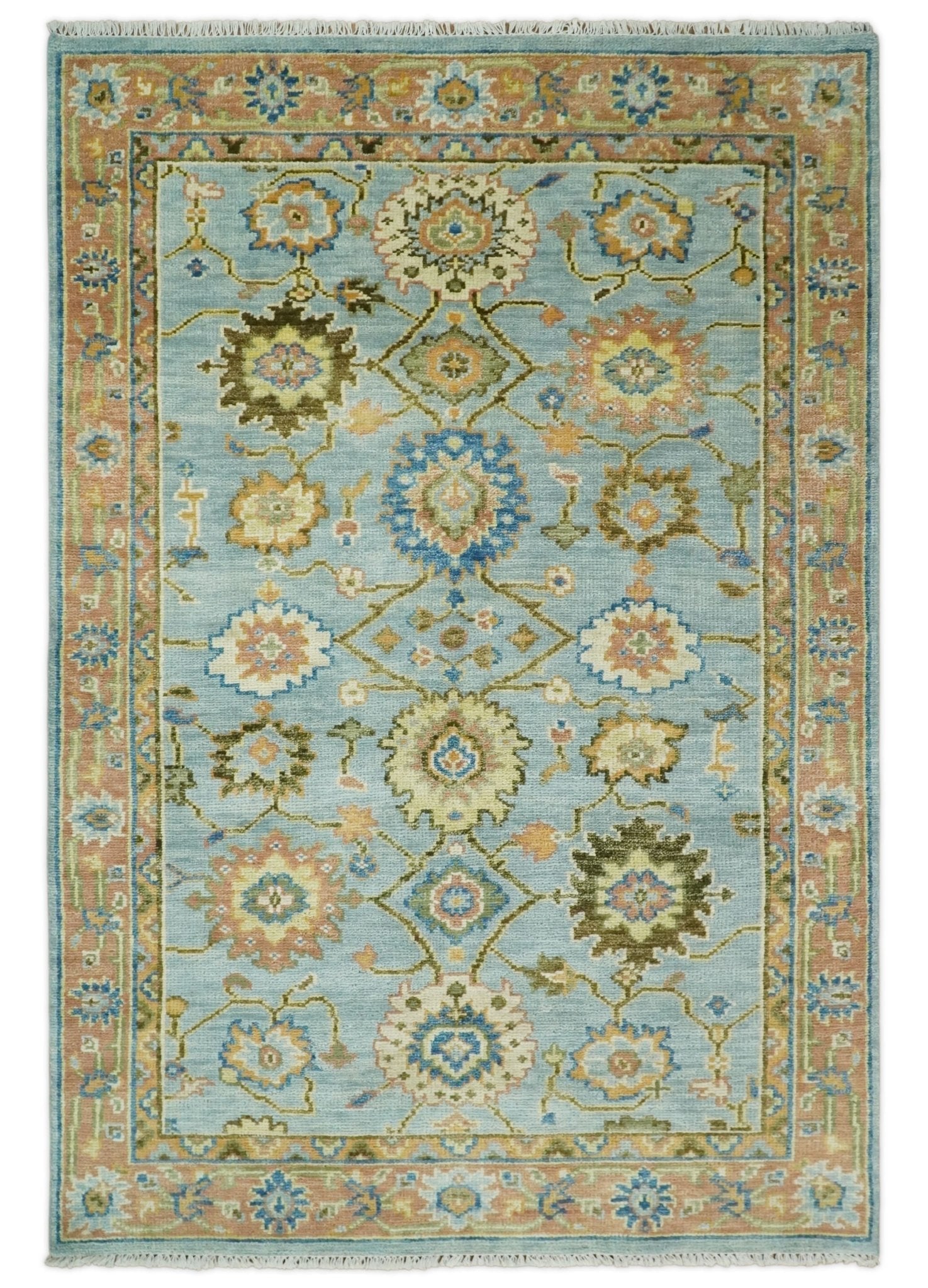 Hand Knotted Blue and Rust Traditional Oushak Area Rug