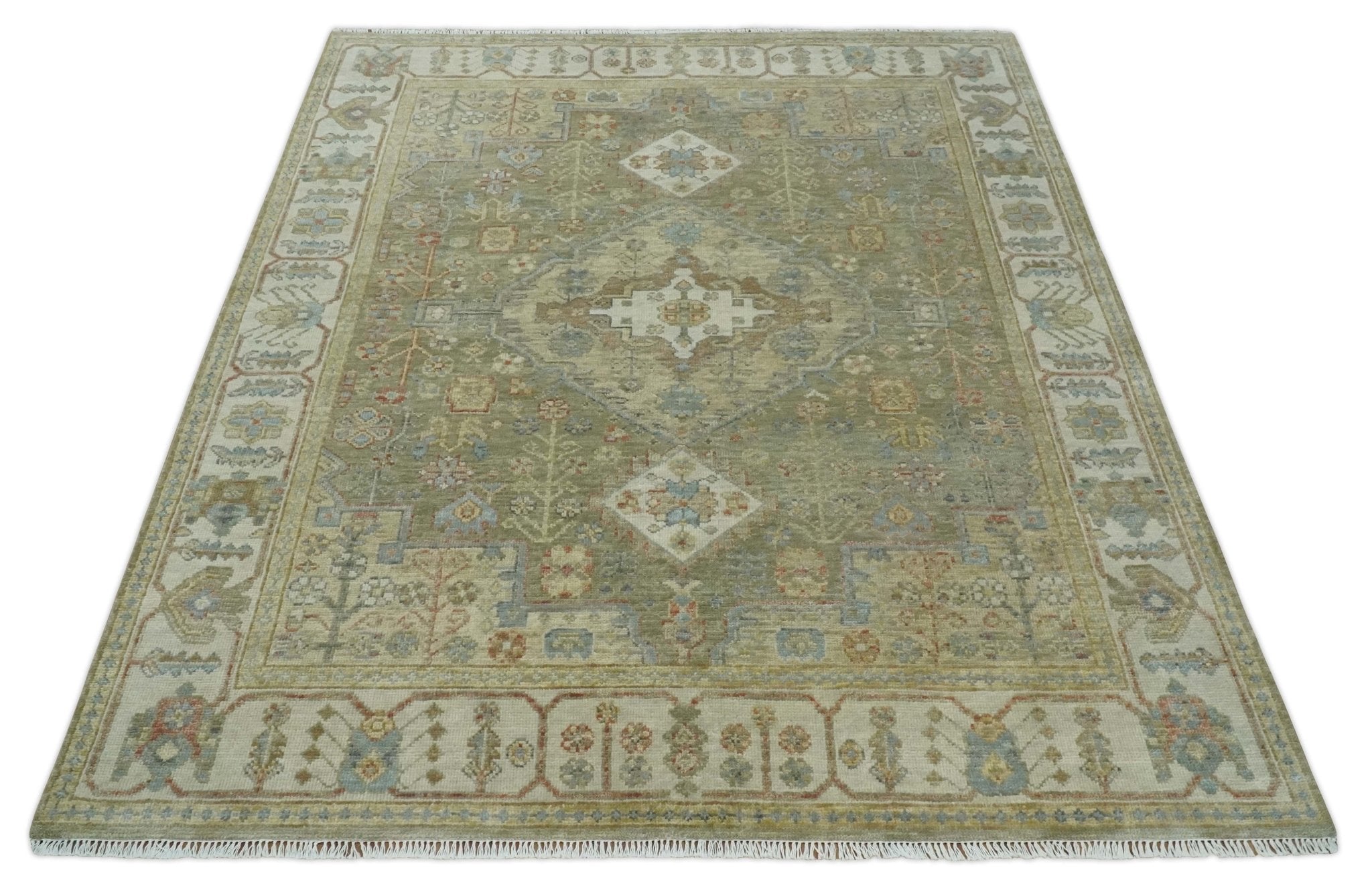 Antique Look Hand Knotted Medallion Olive and Ivory Vintage Style Wool Rug