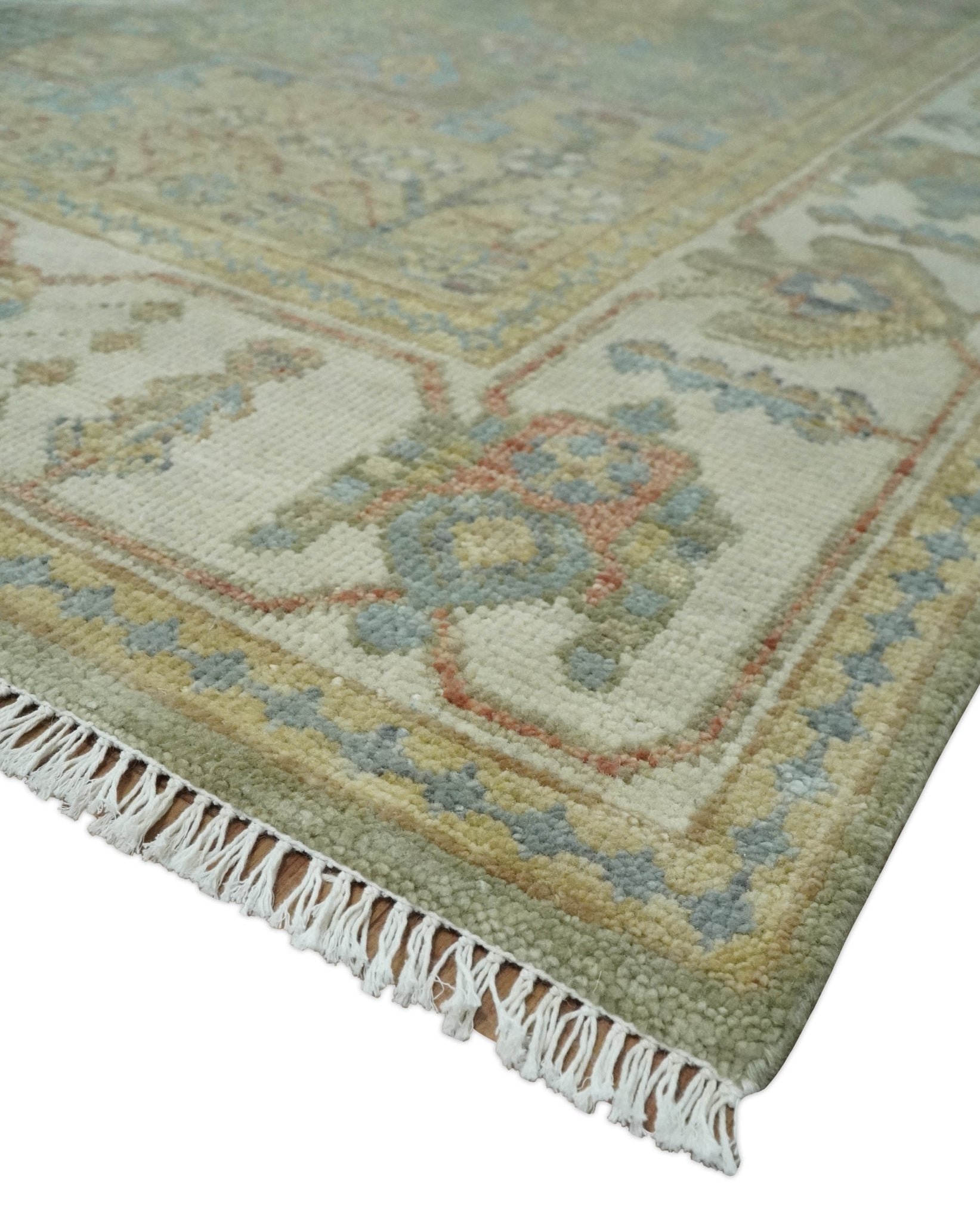 Antique Look Hand Knotted Medallion Olive and Ivory Vintage Style Wool Rug