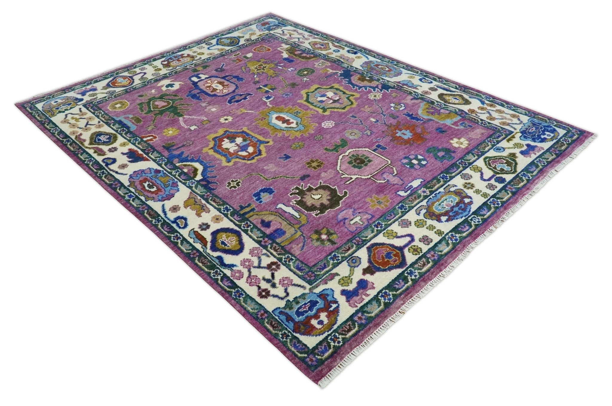 6x9, 8x10, 9x12, 10x14 and 12x15 Wool Traditional Persian Purple and Ivory Vibrant Colorful Hand knotted Oushak Area Rug | TRDCP1065 - The Rug Decor