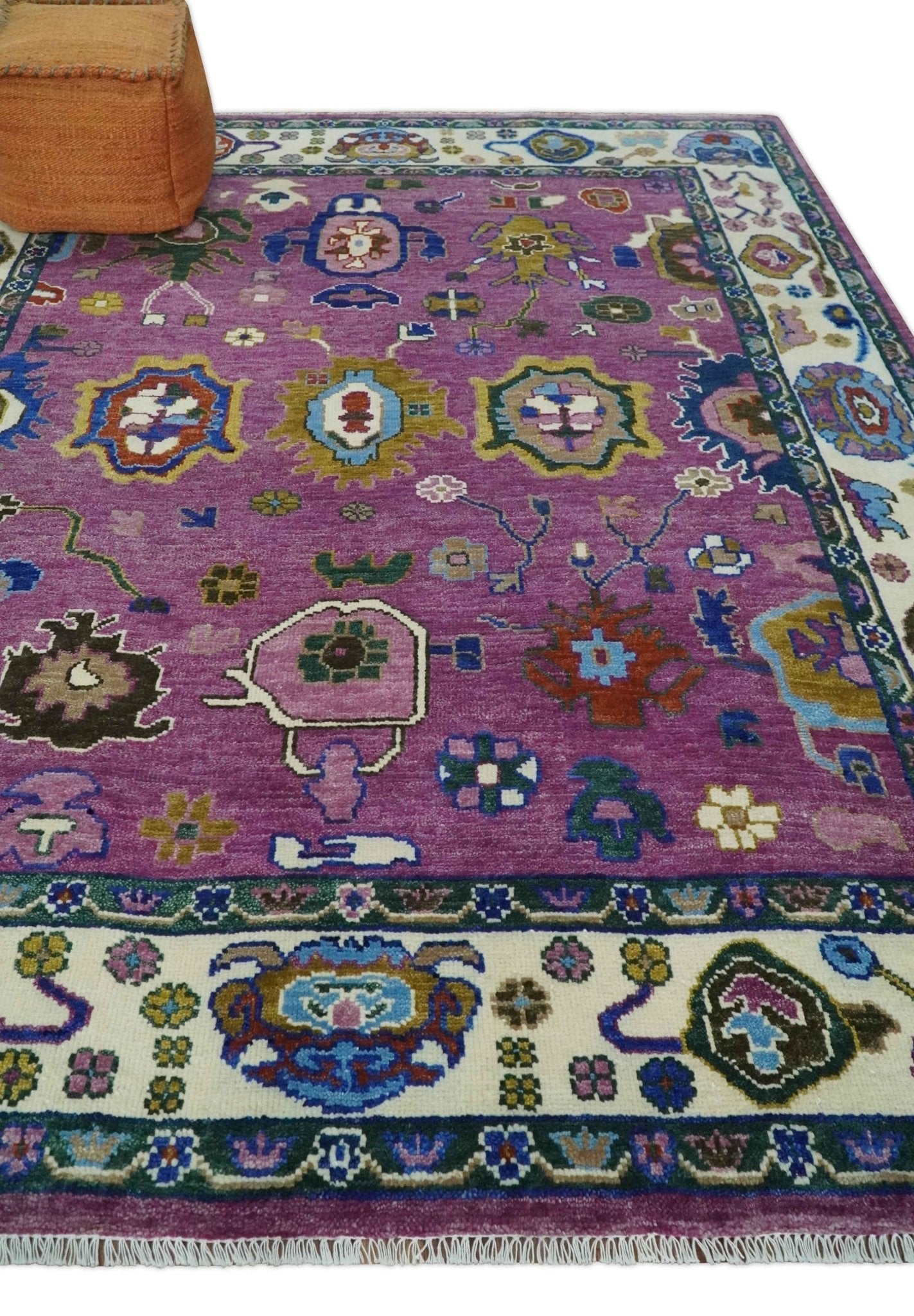 6x9, 8x10, 9x12, 10x14 and 12x15 Wool Traditional Persian Purple and Ivory Vibrant Colorful Hand knotted Oushak Area Rug | TRDCP1065 - The Rug Decor