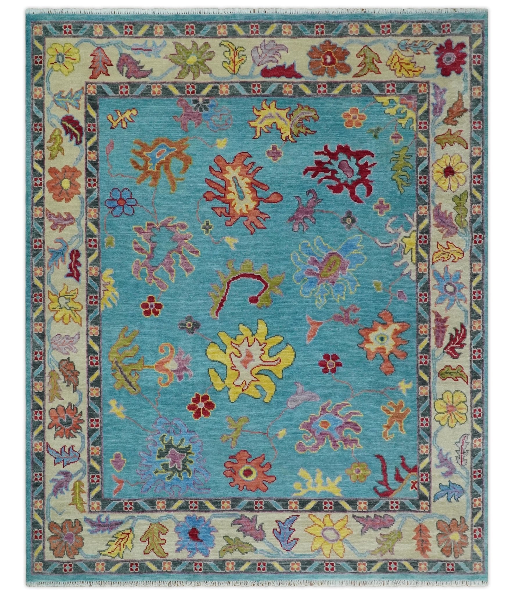 6x9, 8x10, 9x12, 10x14 and 12x15 Wool Traditional Persian Teal and Ivory Vibrant Colorful Hand knotted Oushak Area Rug | TRDCP1069 - The Rug Decor