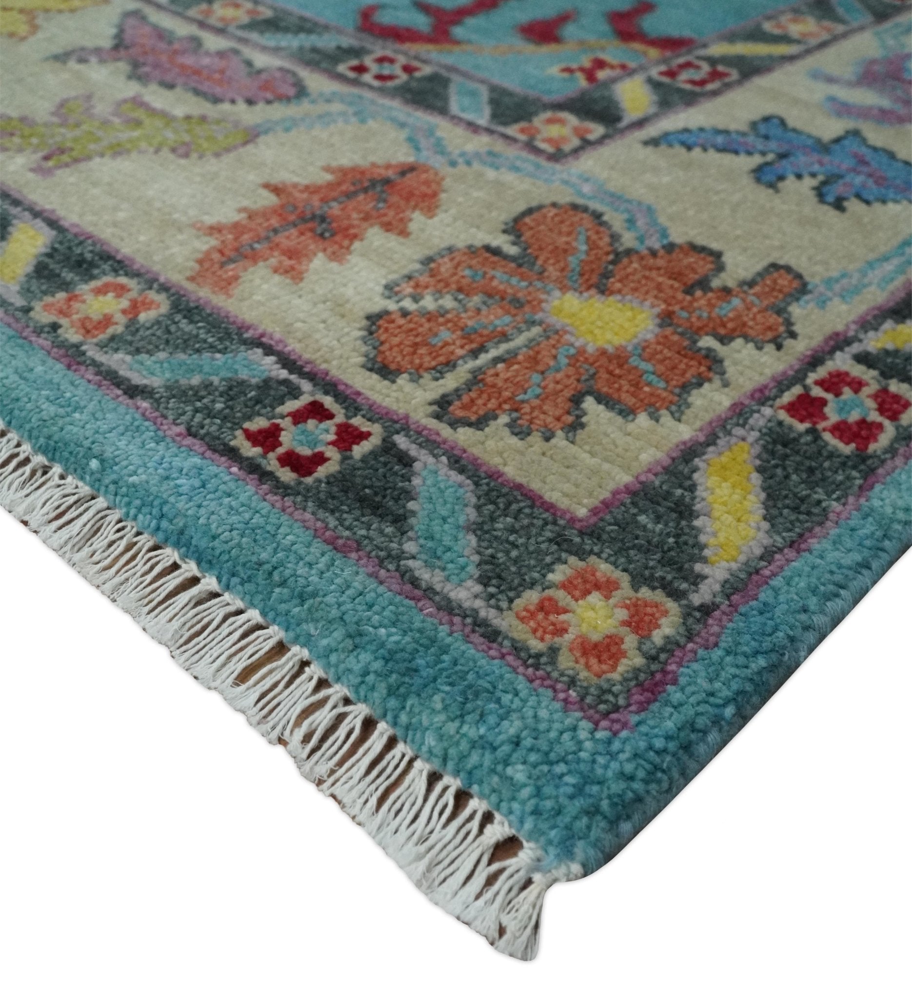 6x9, 8x10, 9x12, 10x14 and 12x15 Wool Traditional Persian Teal and Ivory Vibrant Colorful Hand knotted Oushak Area Rug | TRDCP1069 - The Rug Decor