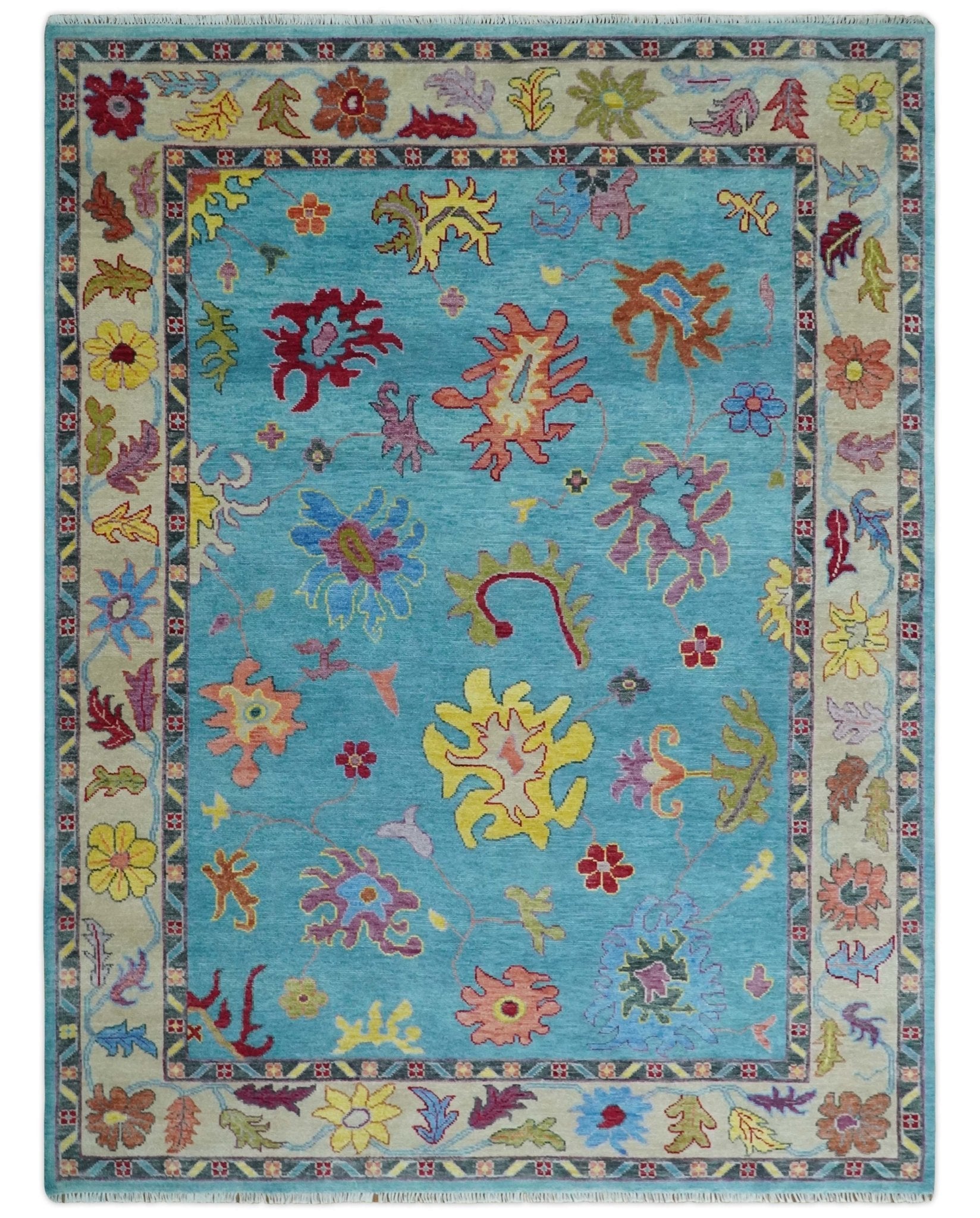 6x9, 8x10, 9x12, 10x14 and 12x15 Wool Traditional Persian Teal and Ivory Vibrant Colorful Hand knotted Oushak Area Rug | TRDCP1069 - The Rug Decor