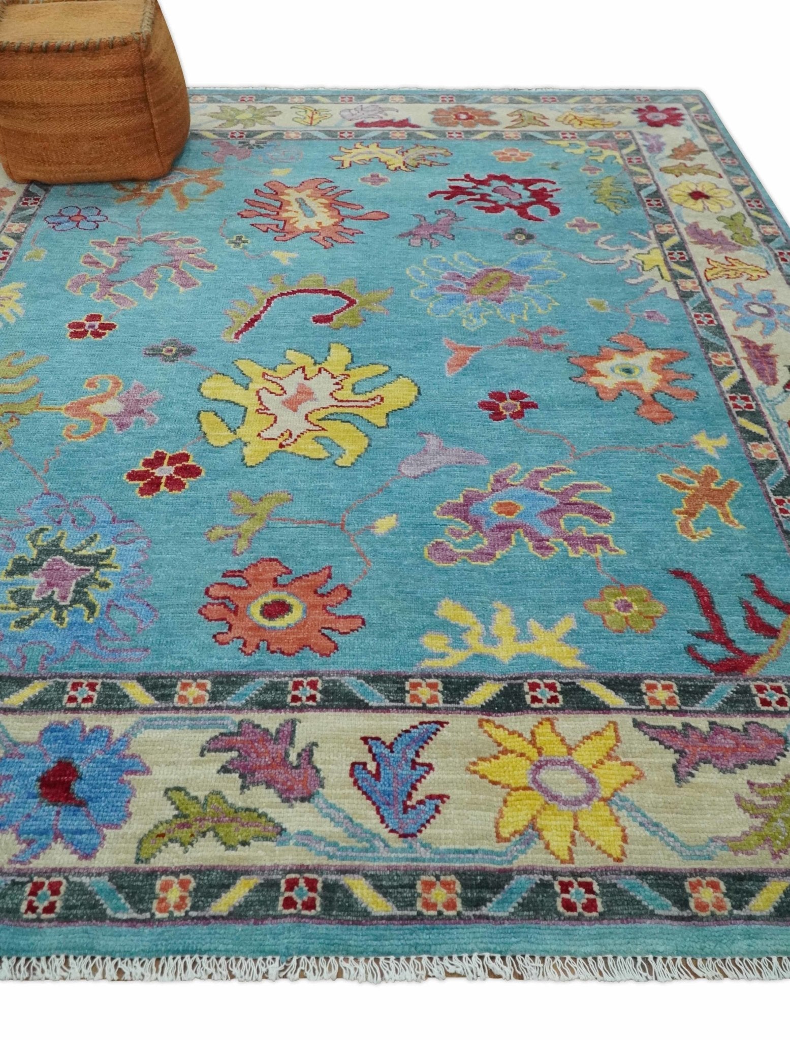 6x9, 8x10, 9x12, 10x14 and 12x15 Wool Traditional Persian Teal and Ivory Vibrant Colorful Hand knotted Oushak Area Rug | TRDCP1069 - The Rug Decor