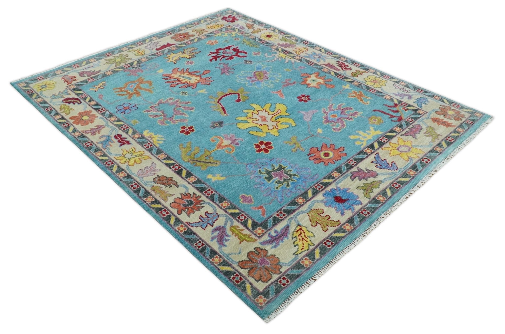 6x9, 8x10, 9x12, 10x14 and 12x15 Wool Traditional Persian Teal and Ivory Vibrant Colorful Hand knotted Oushak Area Rug | TRDCP1069 - The Rug Decor