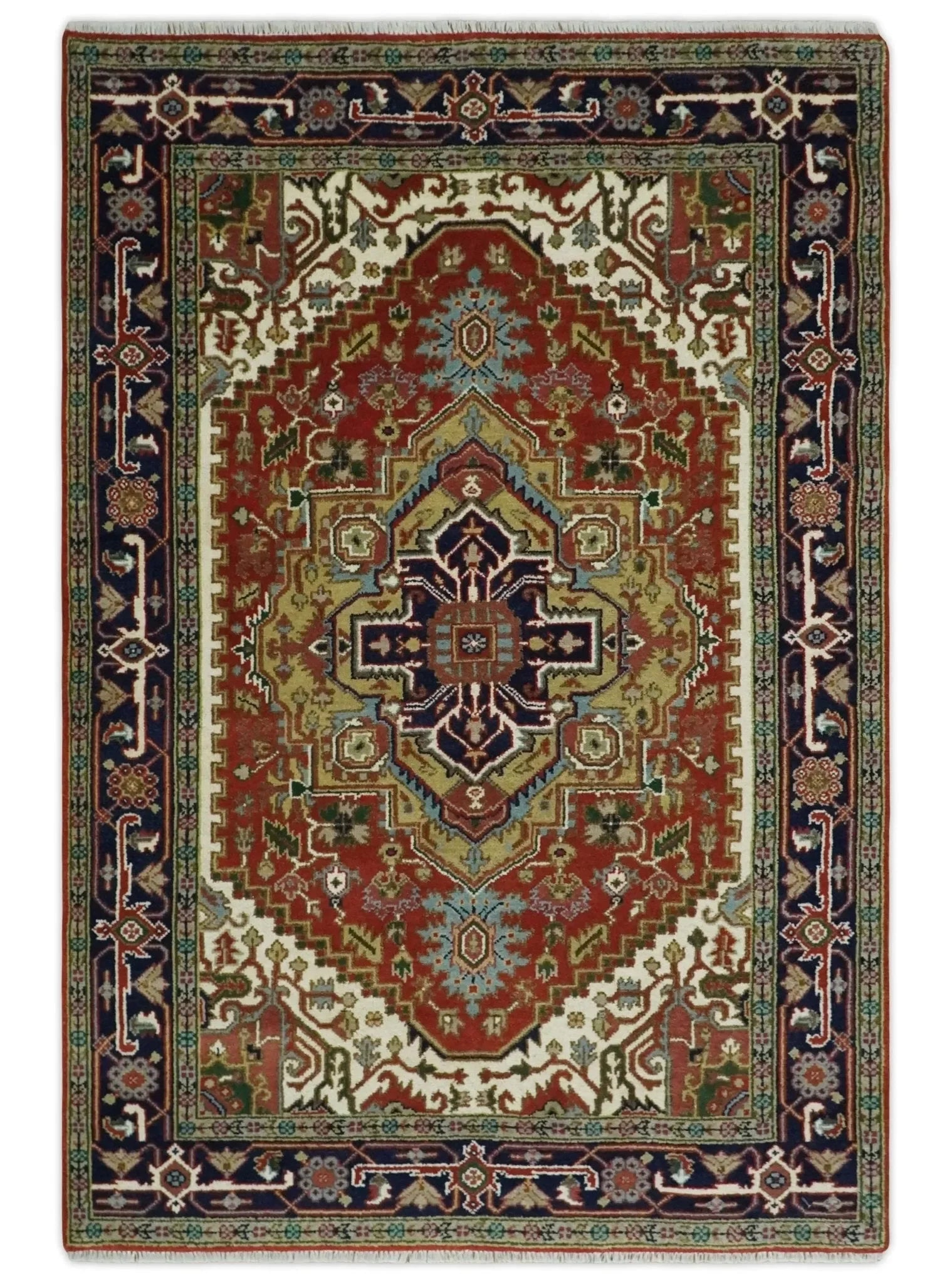 6x9 and runner Traditional Blue, Rust and Ivory Hand knotted wool Area Rug - The Mayfair Hall