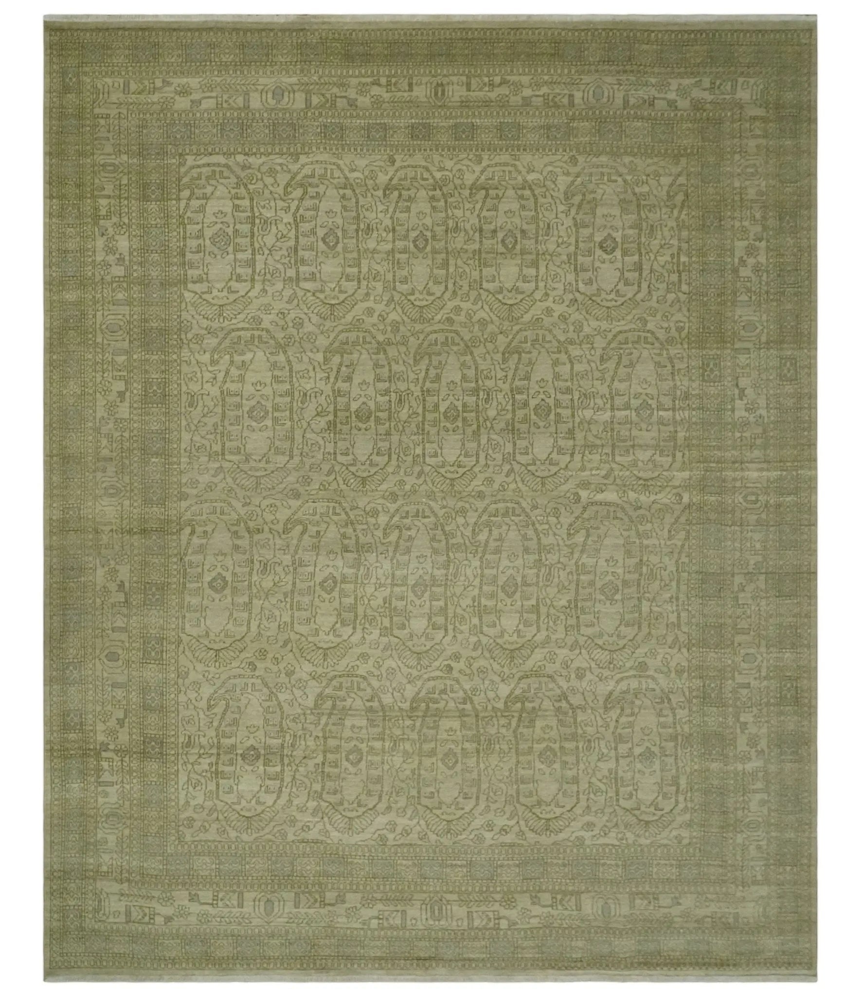 7.10x9.7 Traditional Ivory and Olive Antique Style Hand knotted Wool Area Rug, Kids, Living Room and Bedroom Rug
