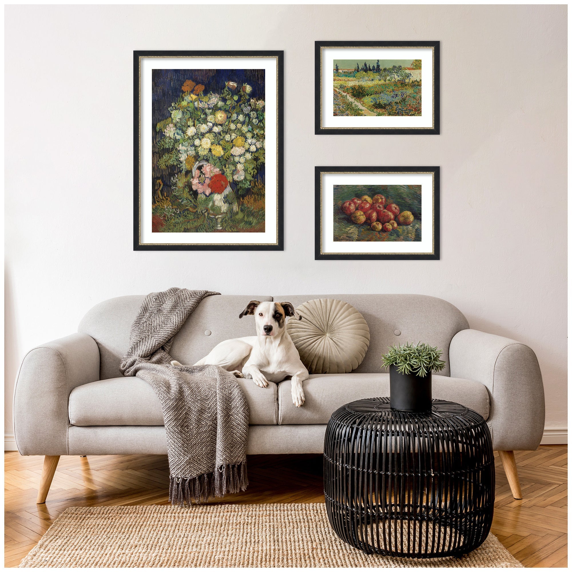 Apples 1887, Bouquet of Flowers in a Vase 1890, & Garden at Arles by Vincent Van Gogh 3 Piece Framed Wall Art Print Set by Nostalgia Prints