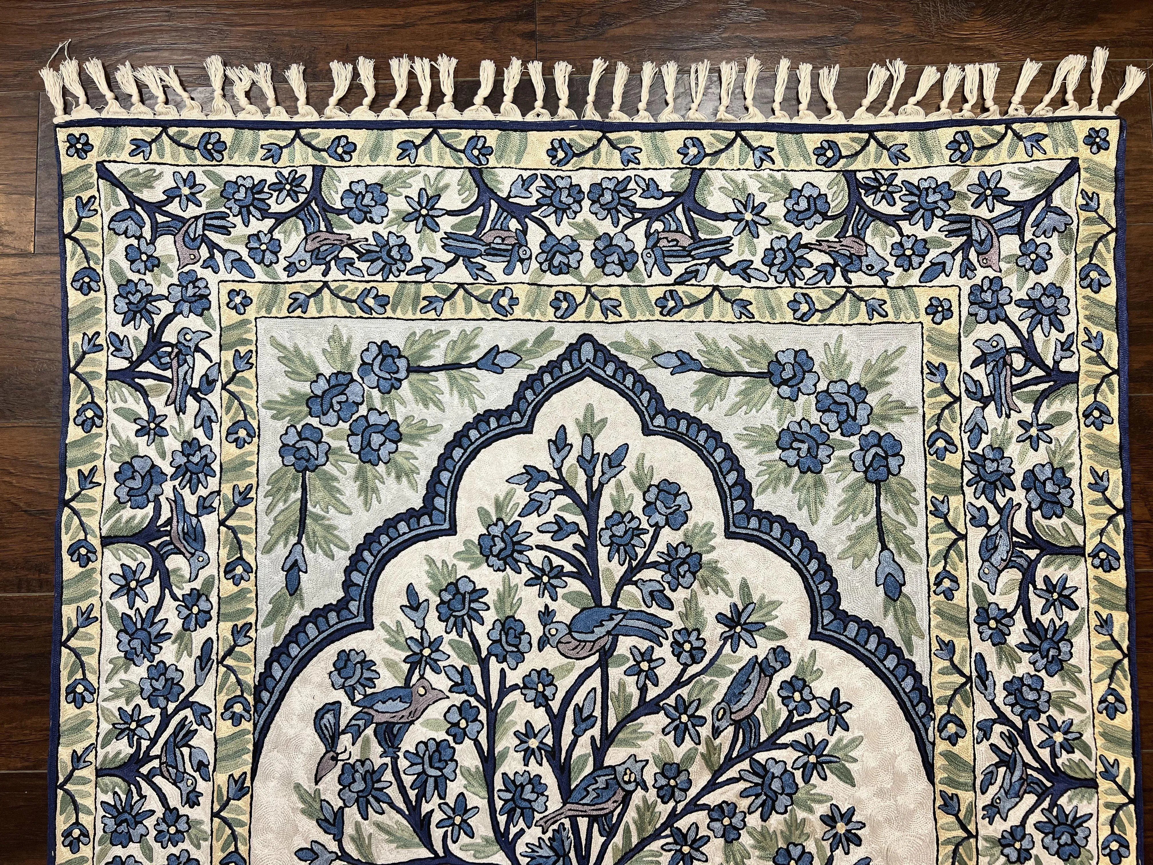Tree of Life Indian Hand Stitched Rug 4x6, Indian Wall Hanging Rug, Ivory Blue, Silk on Cotton, Vintage