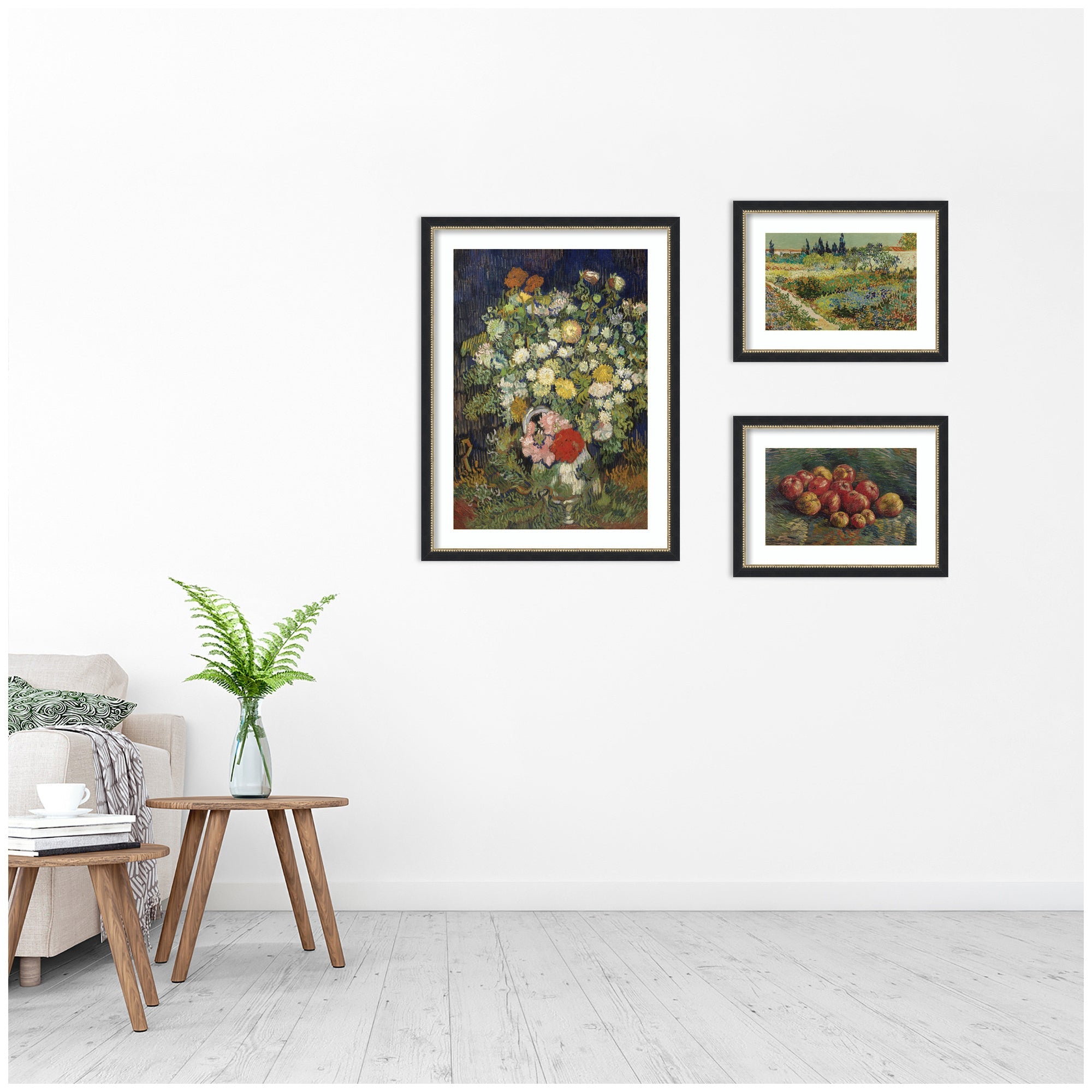 Apples 1887, Bouquet of Flowers in a Vase 1890, & Garden at Arles by Vincent Van Gogh 3 Piece Framed Wall Art Print Set by Nostalgia Prints