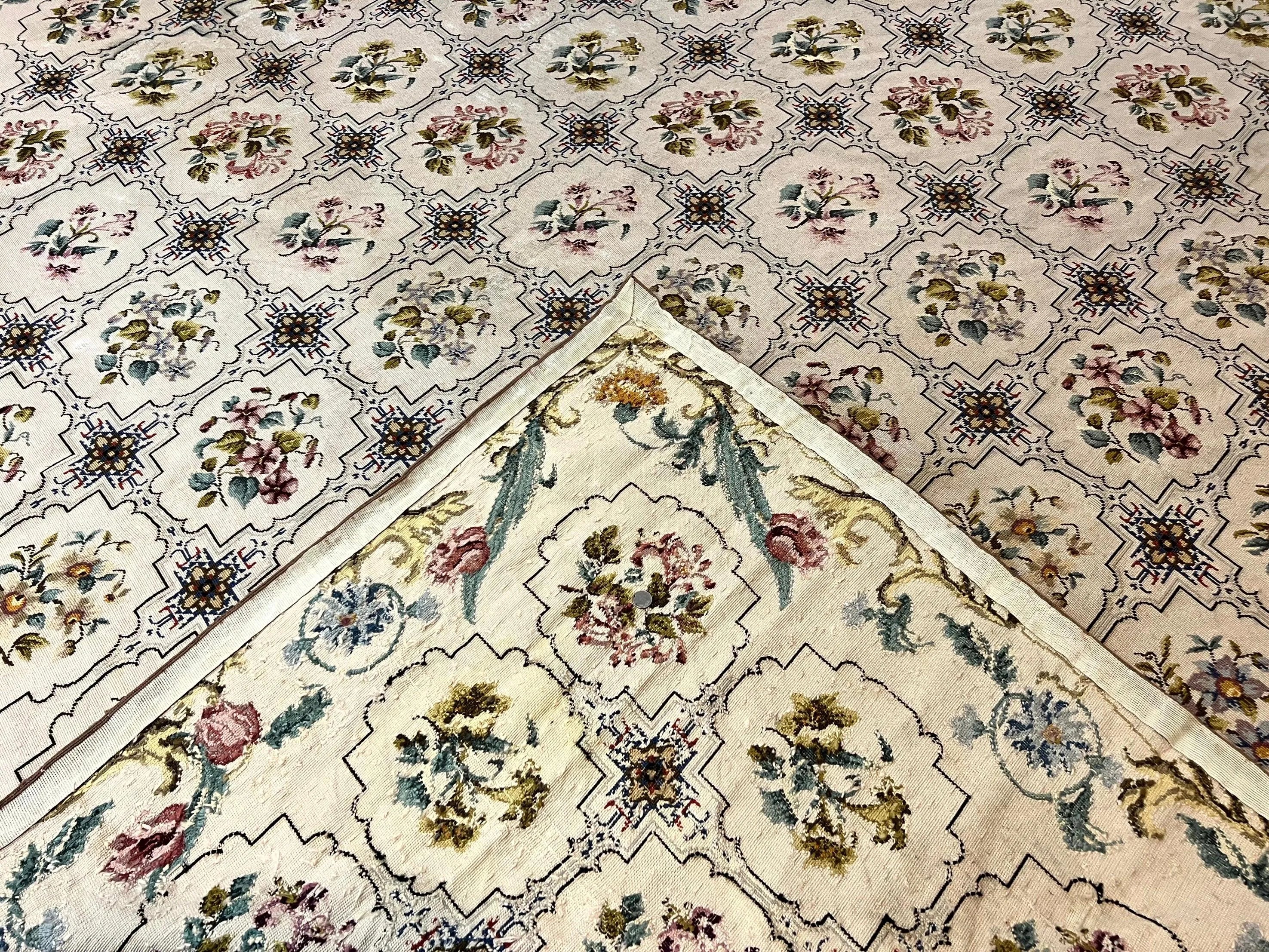 Needlepoint Rug 10x14, Wool Handmade Vintage Needlepoint Carpet, Floral Panel Design, Ivory/Cream