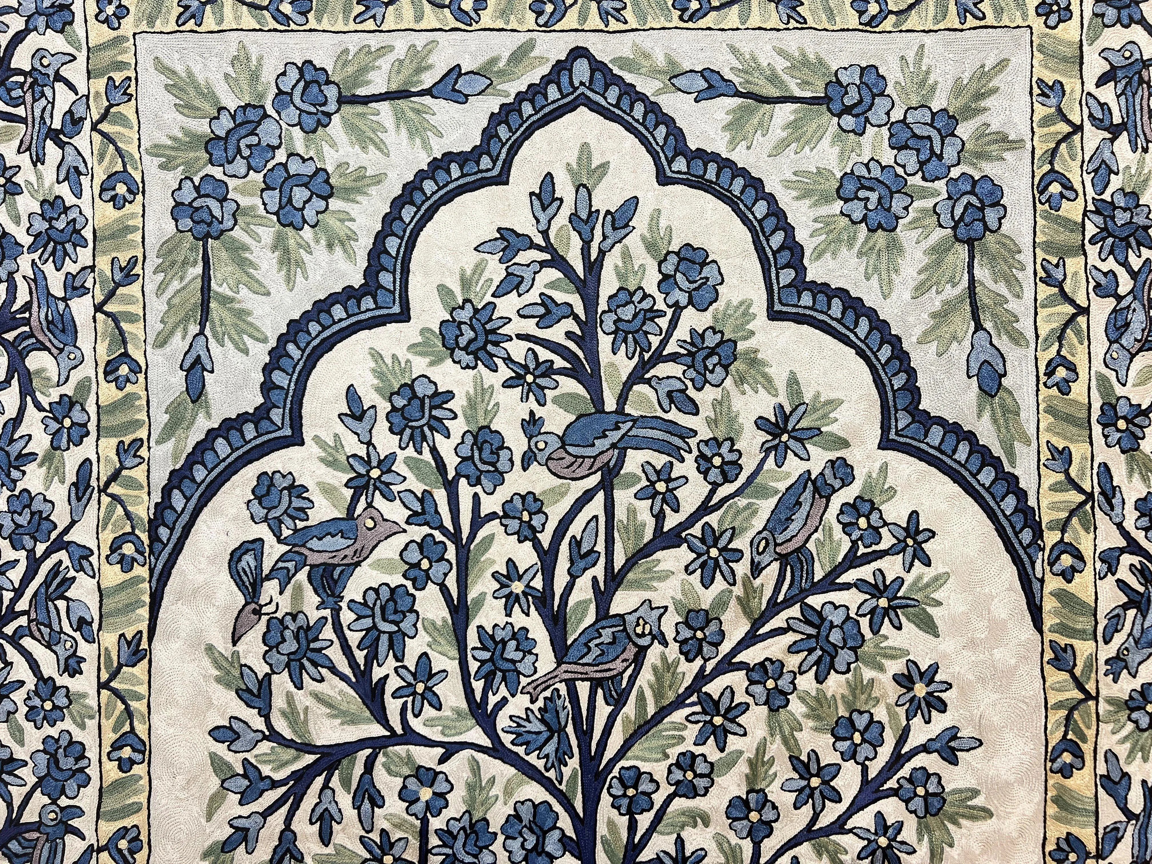 Tree of Life Indian Hand Stitched Rug 4x6, Indian Wall Hanging Rug, Ivory Blue, Silk on Cotton, Vintage