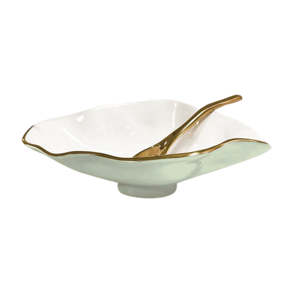 ENCANTO Claire Small Oval Bowl with Spoon (Pistachio, White and Gold)