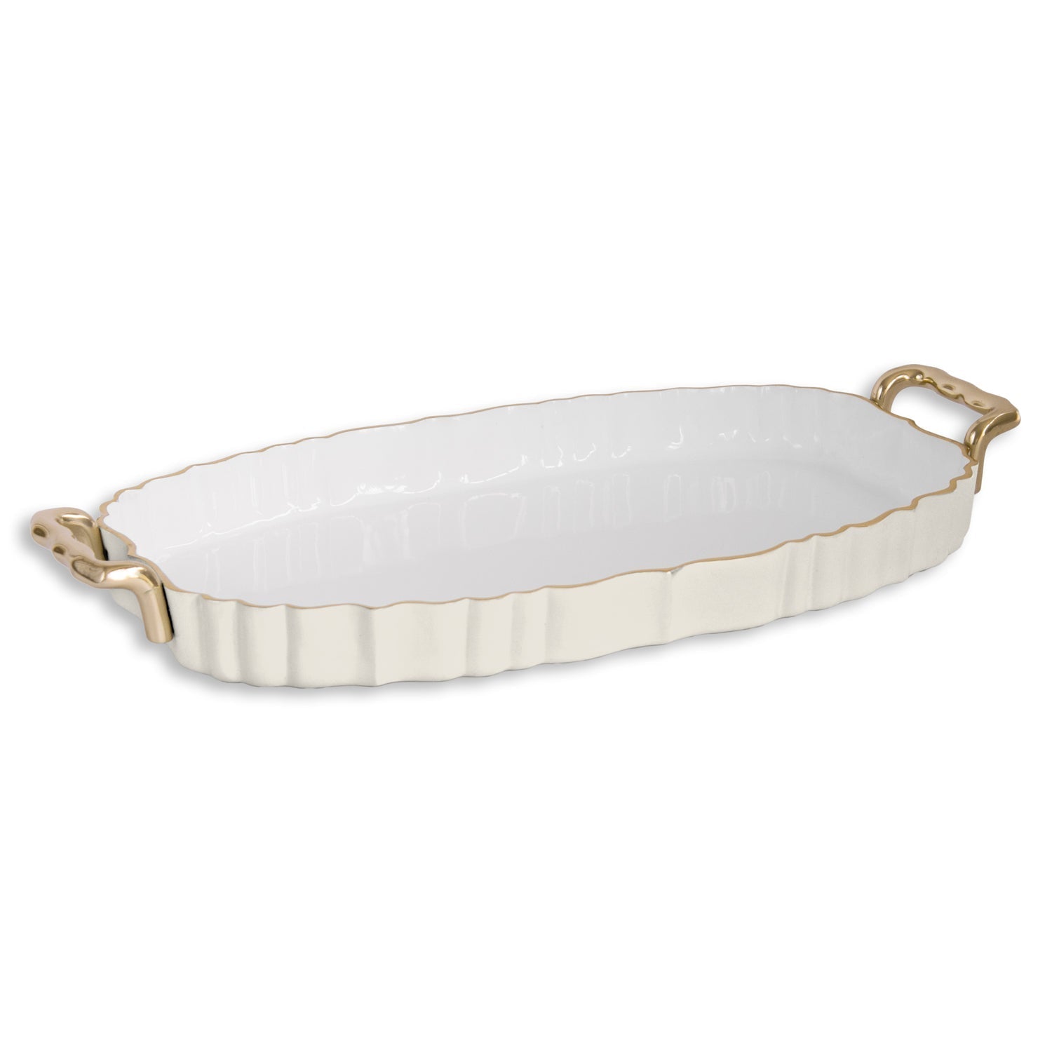 ENCANTO Vintage Fluted Oval Tray with Handles Cream and White