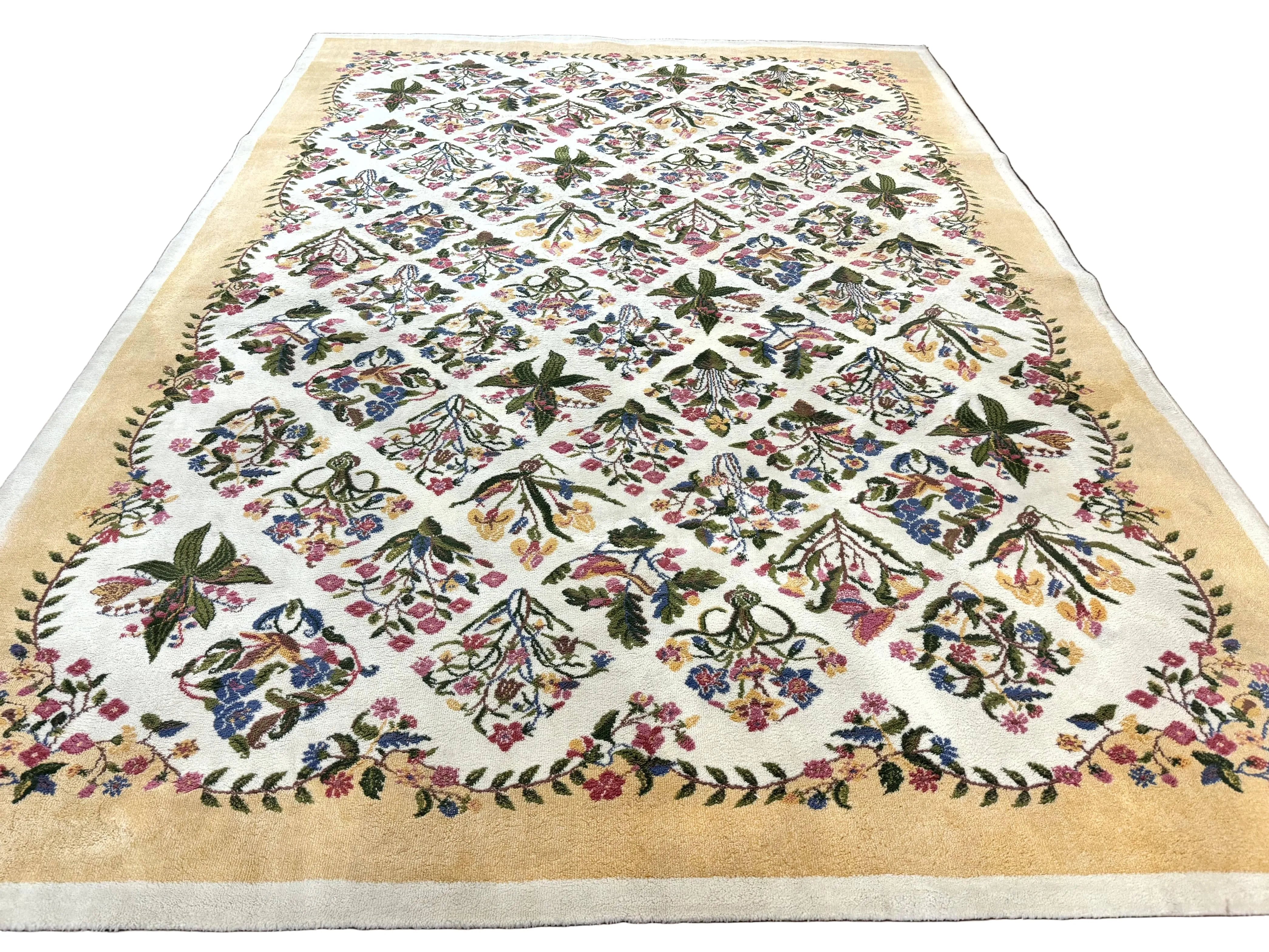 Power Loomed Rug 8x11, Ivory and Multicolor Floral Panel Pattern, Flowers, Butterflies, Vintage